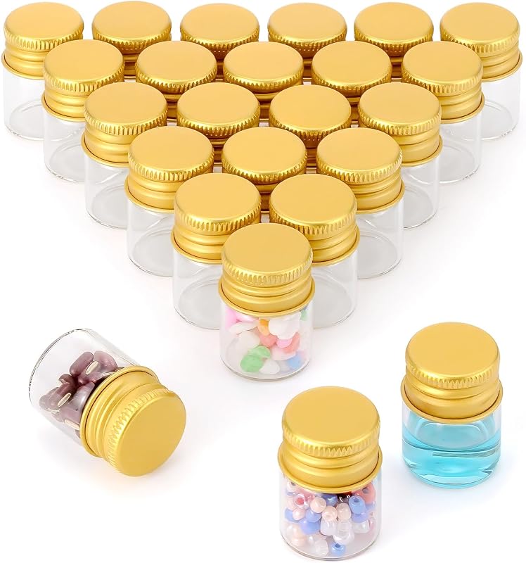 Kesell Frascos de Vidro Transparente de 5 mL com Tampas de Rosca Douradas, Pacote com 24