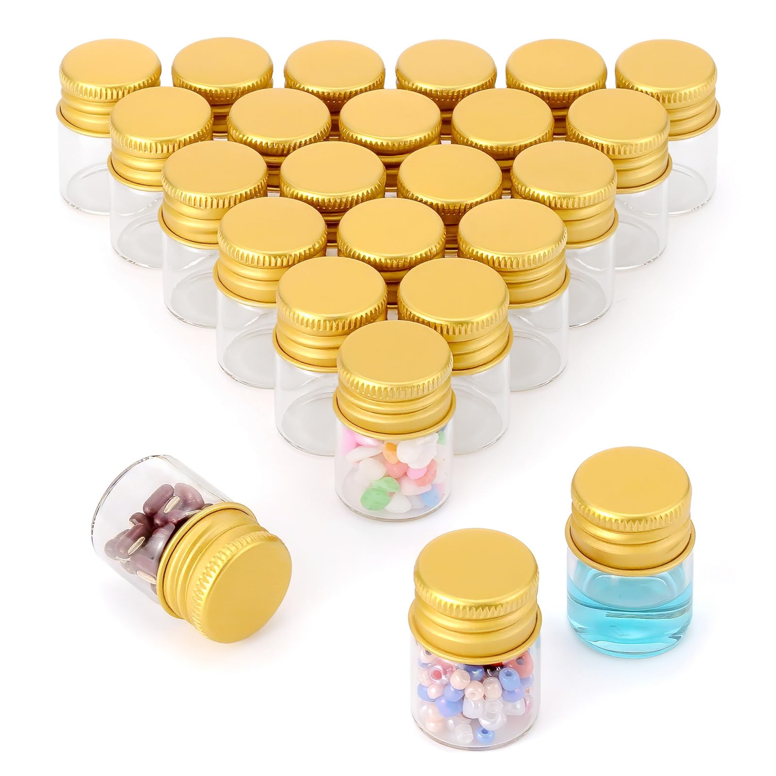 Kesell 24 Pack 5ml Mini Glass Bottle with Screw Aluminum Caps Small Glass Jars with Lids Small Glass Vials Tiny Jars for DIY Crafts and Storage (Gold Cap)