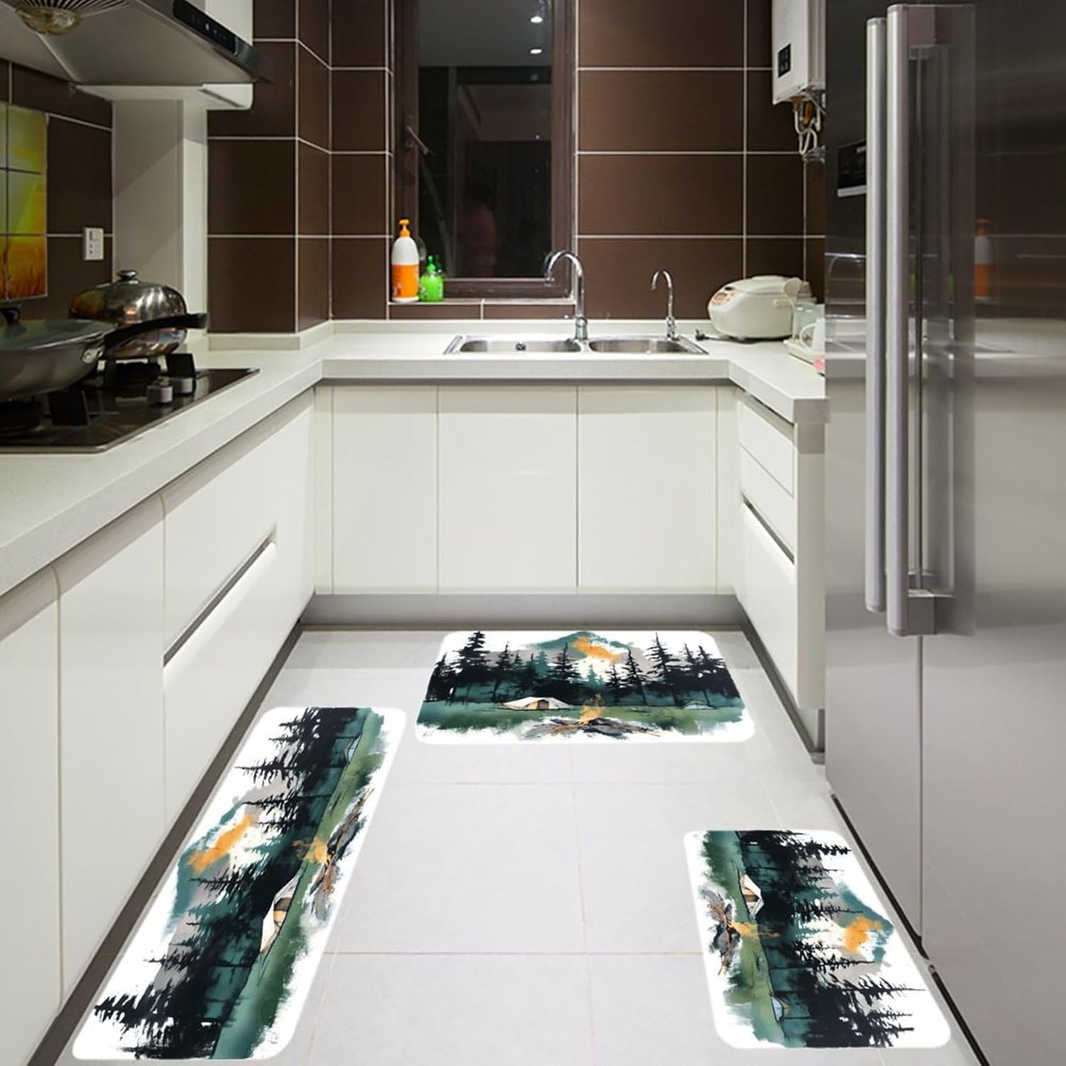 Wilderness Nature Camping Kitchen Rugs Sets of 3 Washable Non Slip Kitchen Rug Water Resistant Carpet Piece Anti Fatigue Kitchen Mats Soft Comfort Standing Mat Modern Area Rug