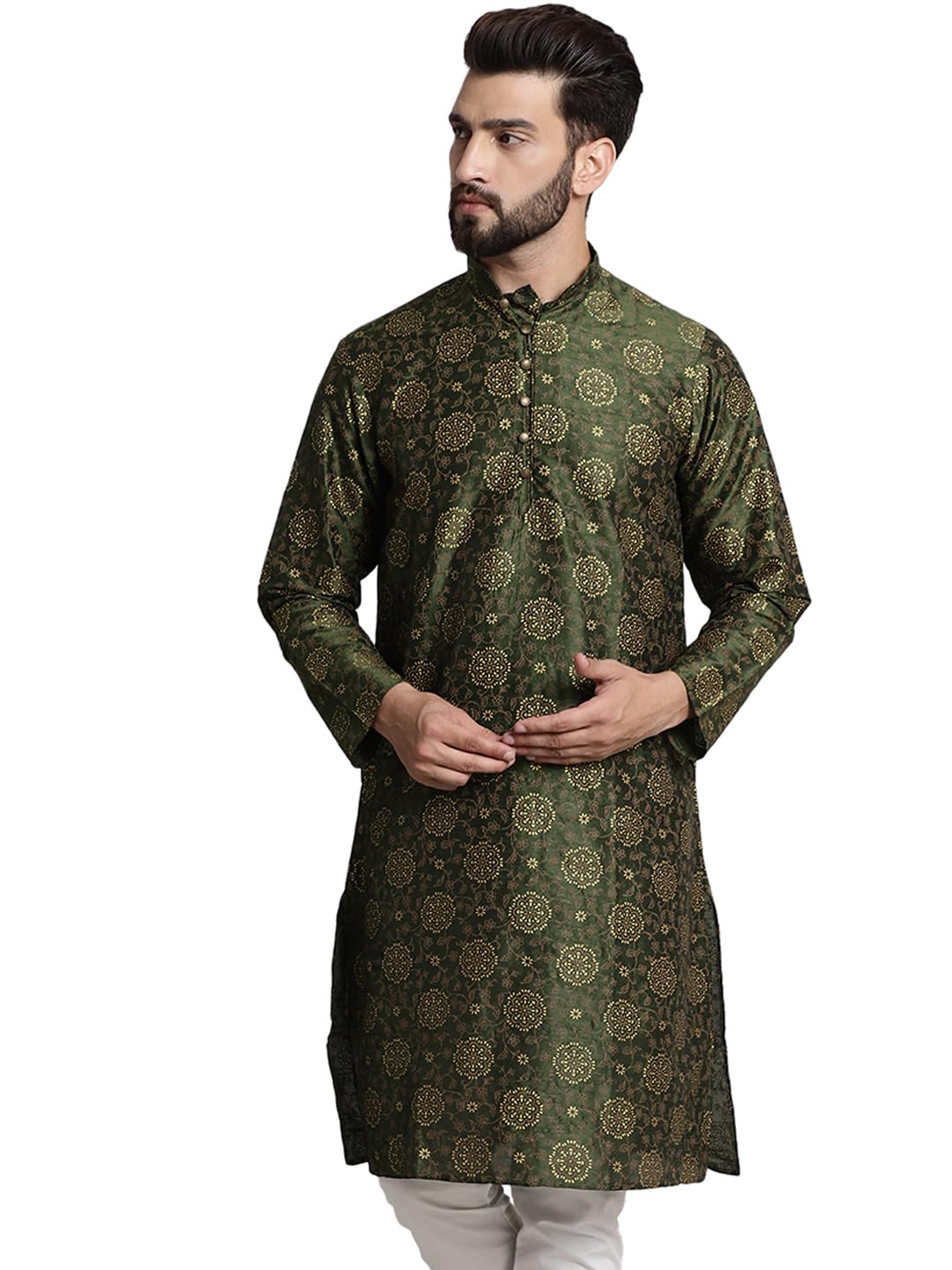 Sojanya (Since 1958 Men's Silk Blend Dark Green Color Print Design Only Long Kurta