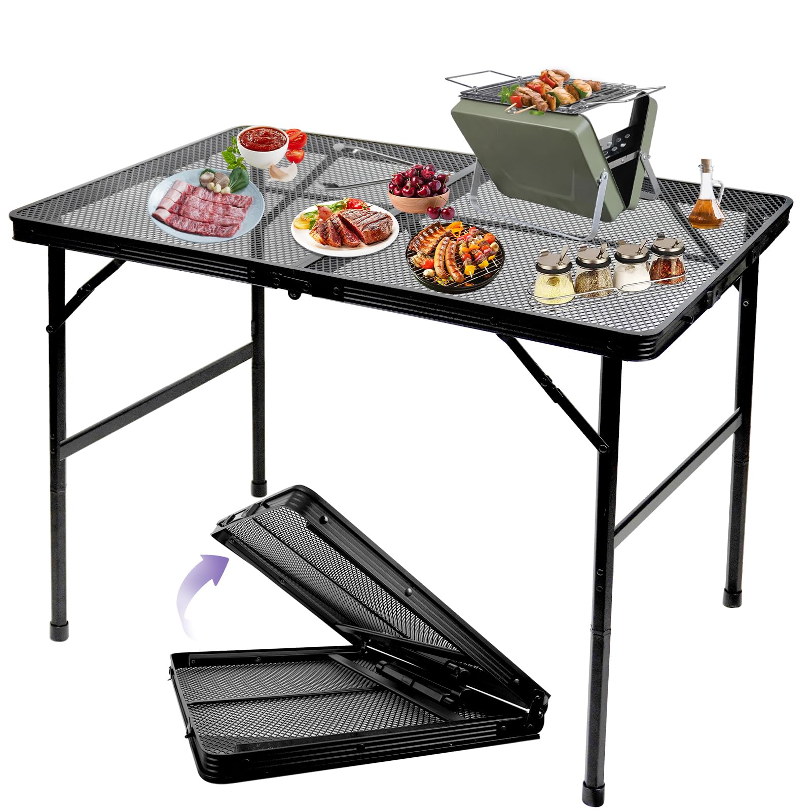 Mesa de camping plegable de 3 x 2 pies, mesa de picnic portátil de metal, mesa plegable ajustable de altura ligera para exteriores, color negro