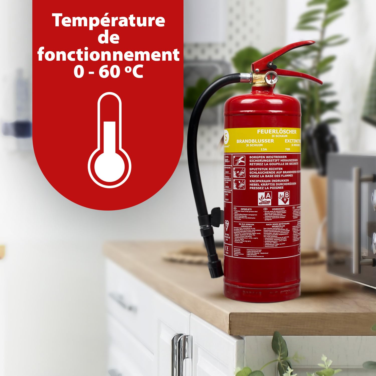 Smartwares Extincteur à Mousse - 3 L - pour Feux A&B - Adapté pour Bureaux et domiciles - Support Inclus - FEX-15230
