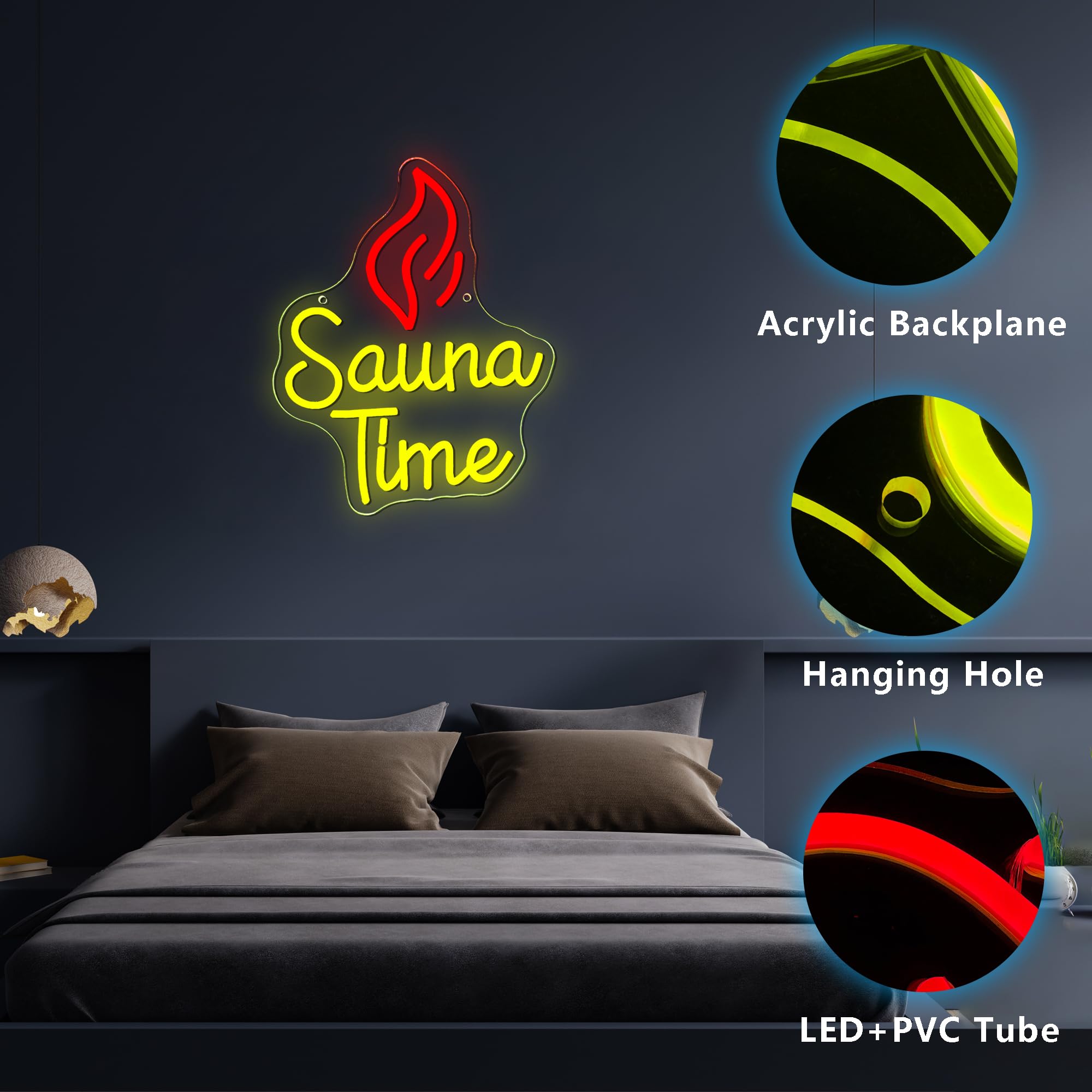 Insegna al neon con tempo sauna, luce al neon a LED per spa e benessere, dimmerabile, alimentata tramite USB, per palestra, benessere, sala relax, insegna per la cura di sé (32 x 26 cm)