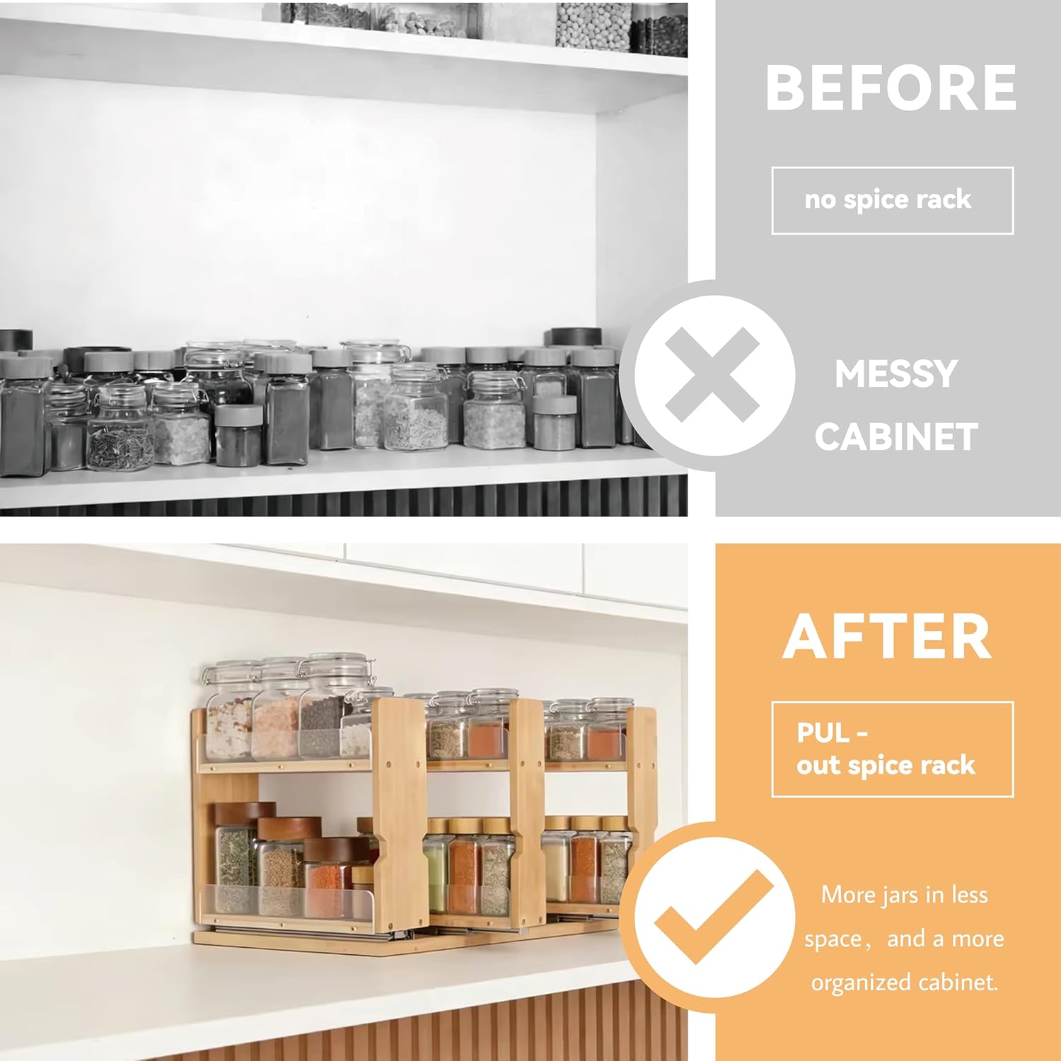 Bamboo Pull Out Spice Rack Organizer for Cabinet, 3 Slide-Out Drawers(2"&3") with Wide Drawer for Large Bottles, Kitchen Pantry Heavy-Duty Sliding Vertical Organization, 8.6"W,2-Tier,No Drill,Natural