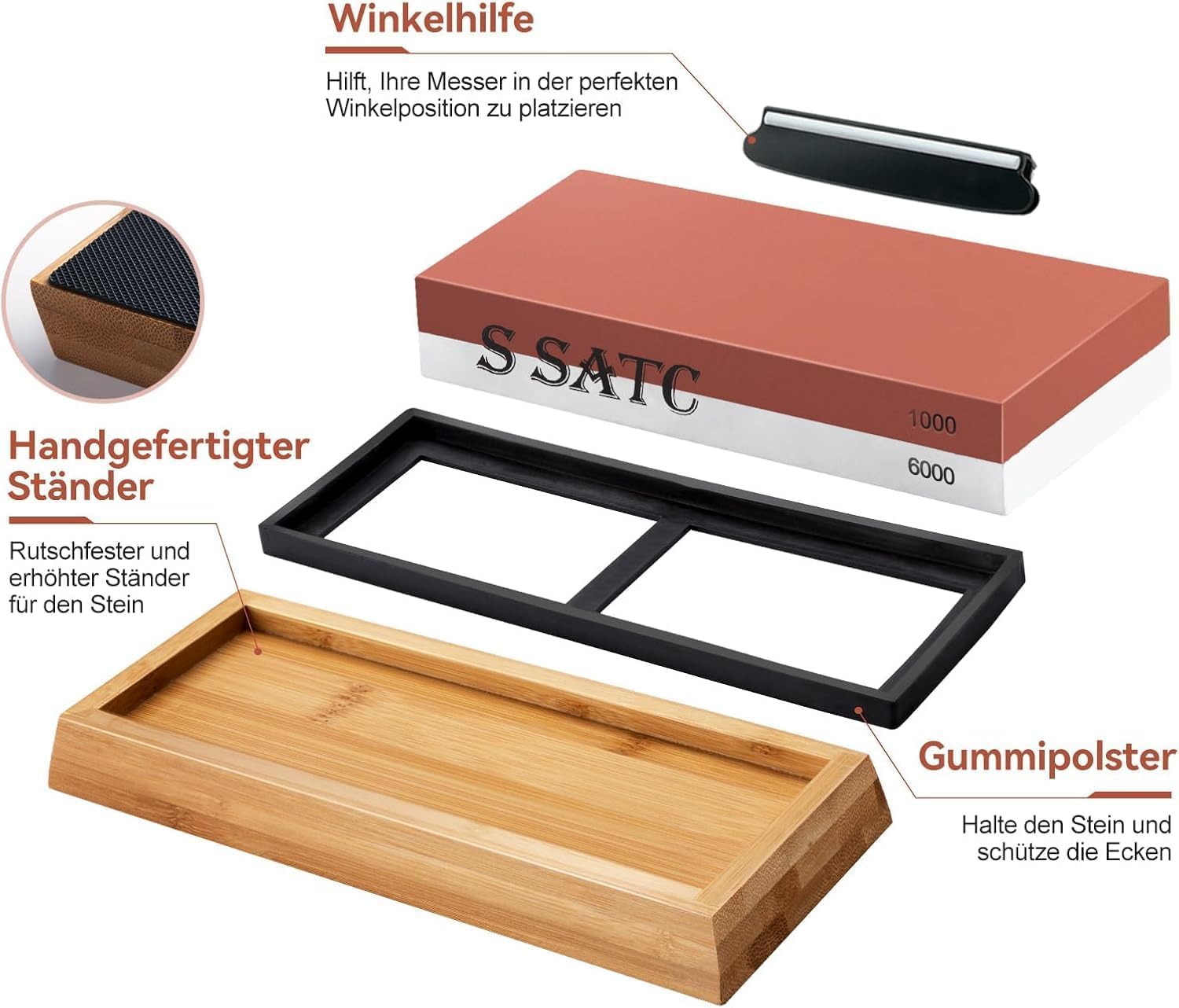 SATC Whetstone Mes Slijpsteen Dubbelzijdig 1000 6000 Grits Messenslijpers Steen met Antislip Houten Basis & Hoek Guide