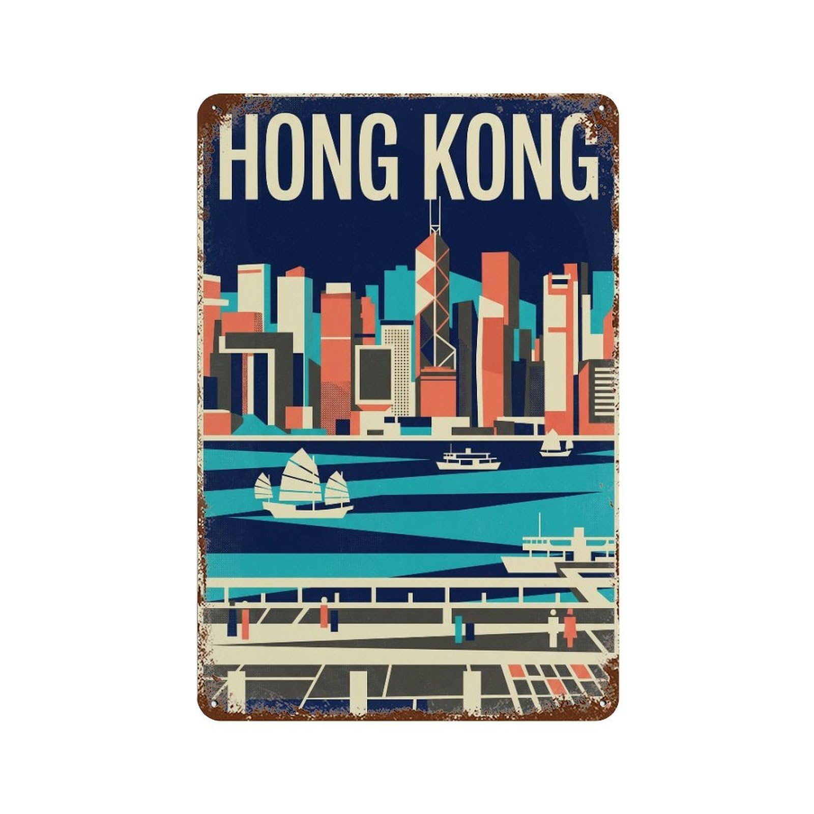 Metal Tin Sign Vintage Travel Hong Kong Waterfront