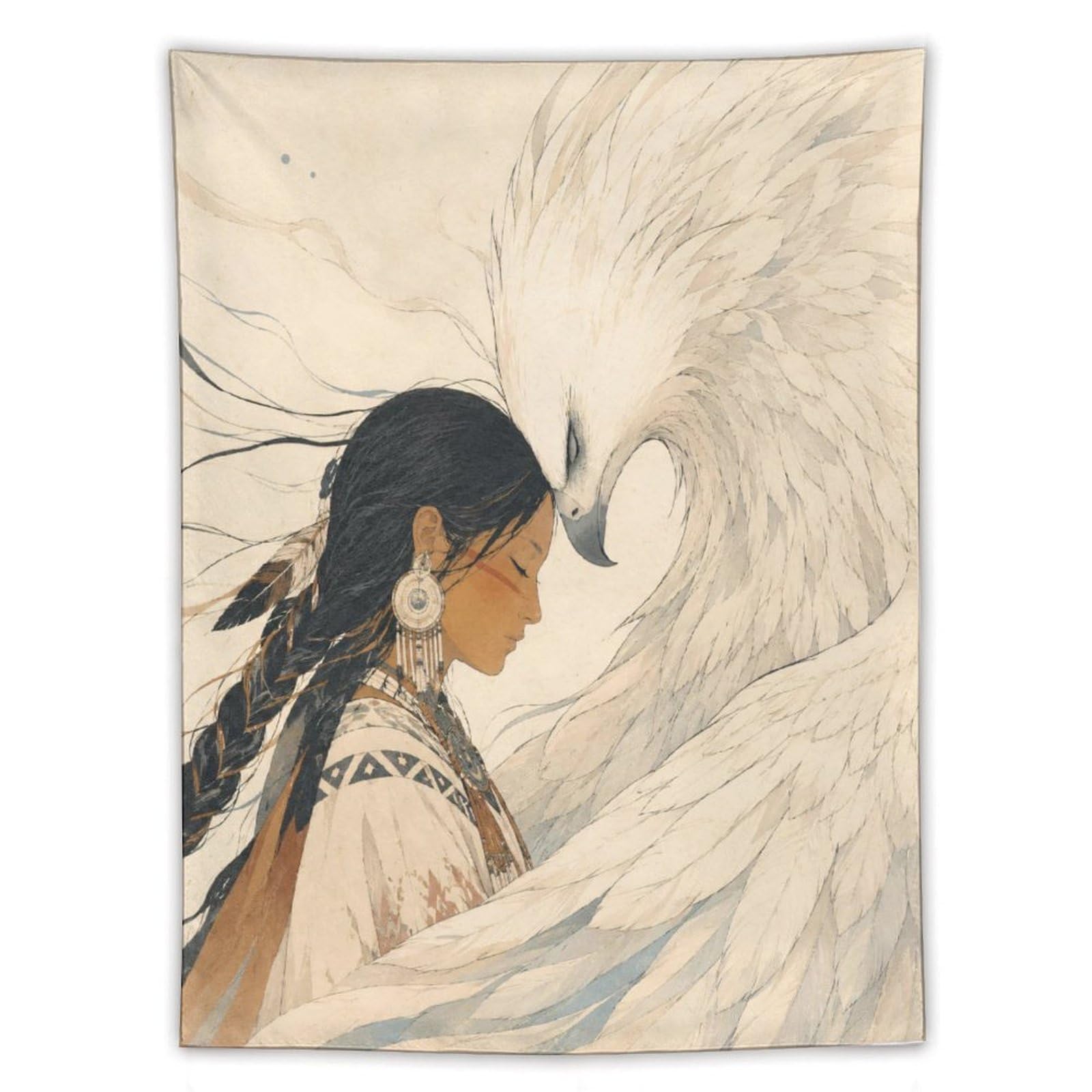 H3B8U2Y5 Native Woman with White Bird Wall Tapestry, Realistic Illustration