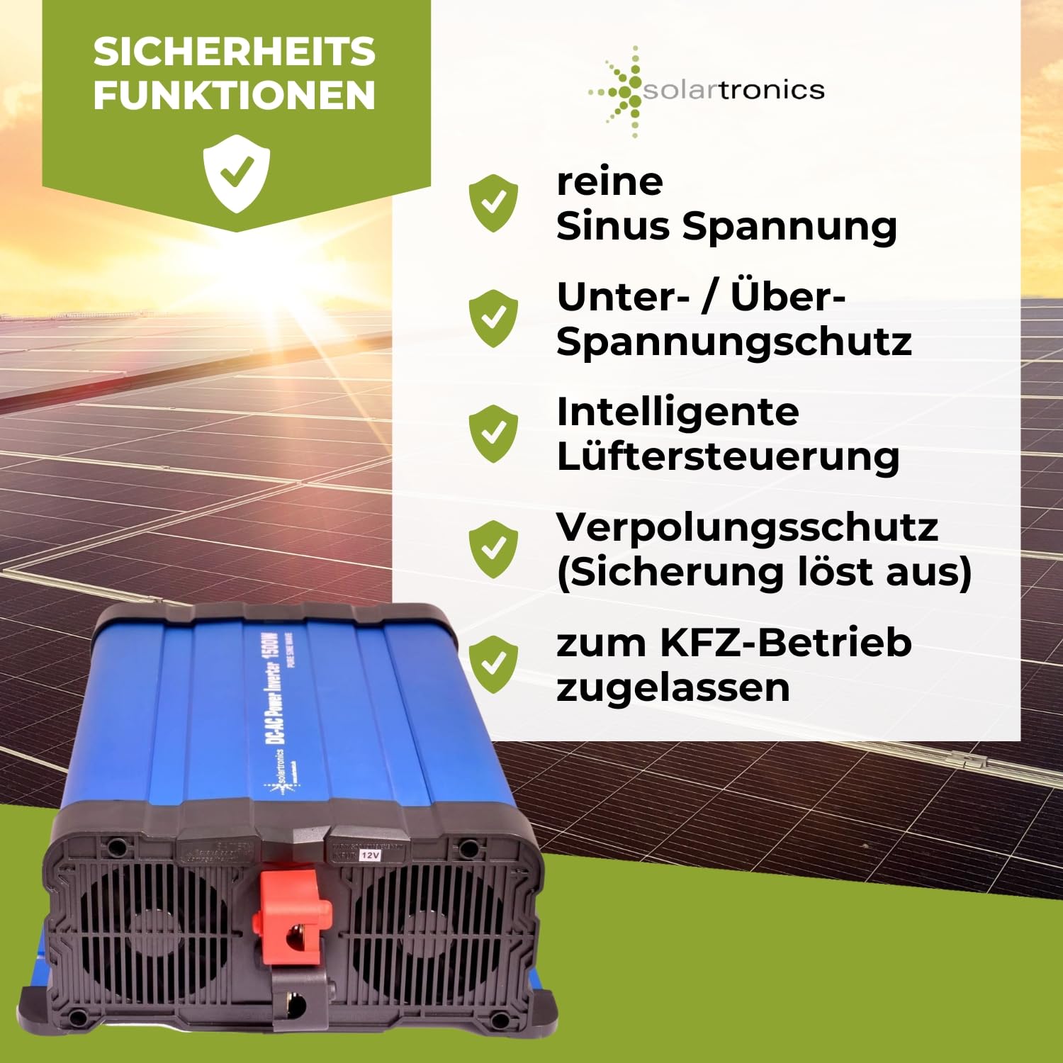 Solartronics Przetwornica napięcia FS1500DR 12V 1500/3000 W czysty sinusoidalny niebieski nie wyświetlacz falownik serii FS z pilotem zdalnego sterowania