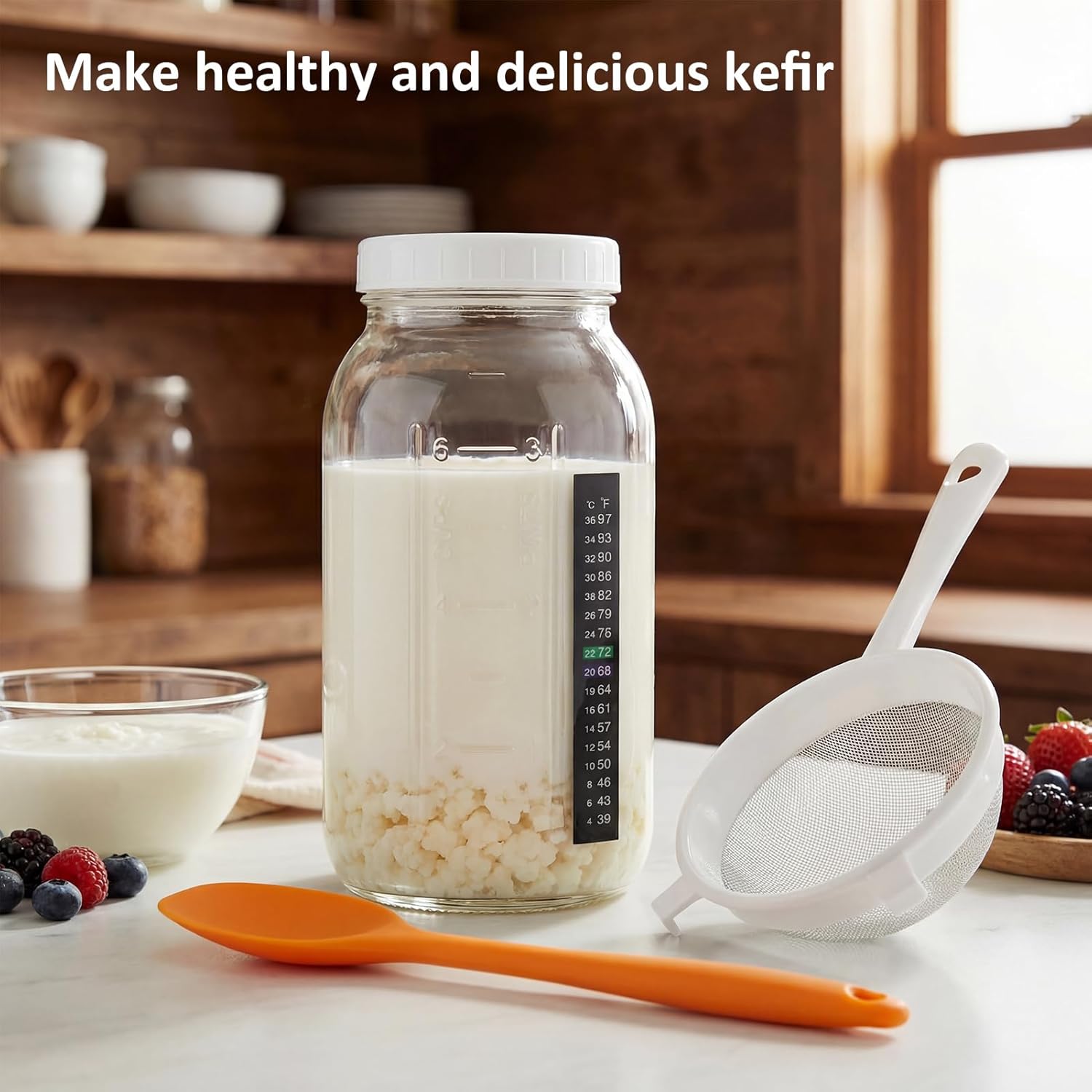 5-Piece Kefir Starter Kit with Mason Jar – Complete Kefir Starter Fermentation Set Includes Wide Mouth Mason Jar, Fermenting Lid, Fine Mesh Strainer, Silicone Spoon & Temperature Strip