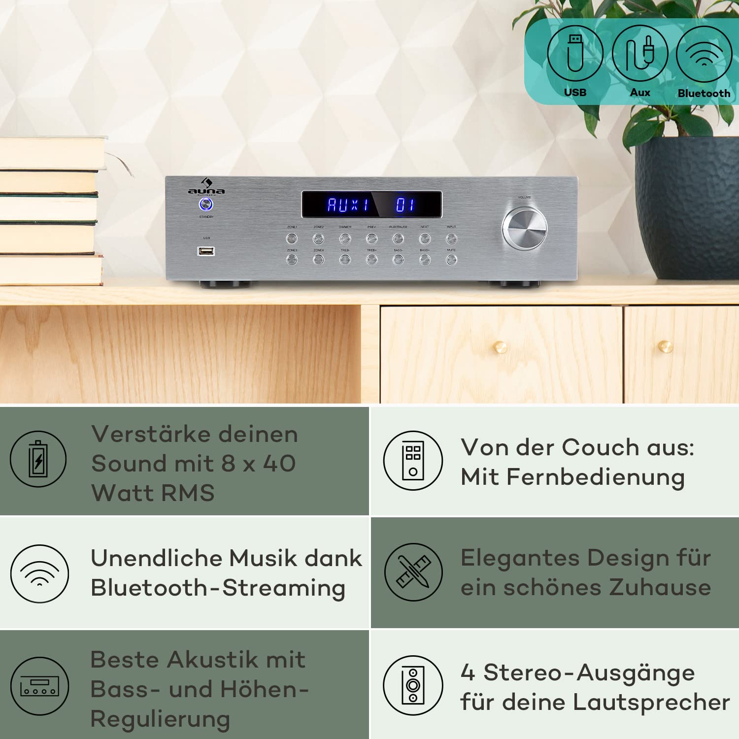 Auna HiFi Stereo Mini Verstärker 4 Kanal Audio-Verstärker mit Bass & Treble Regler Fernbedienung AUX