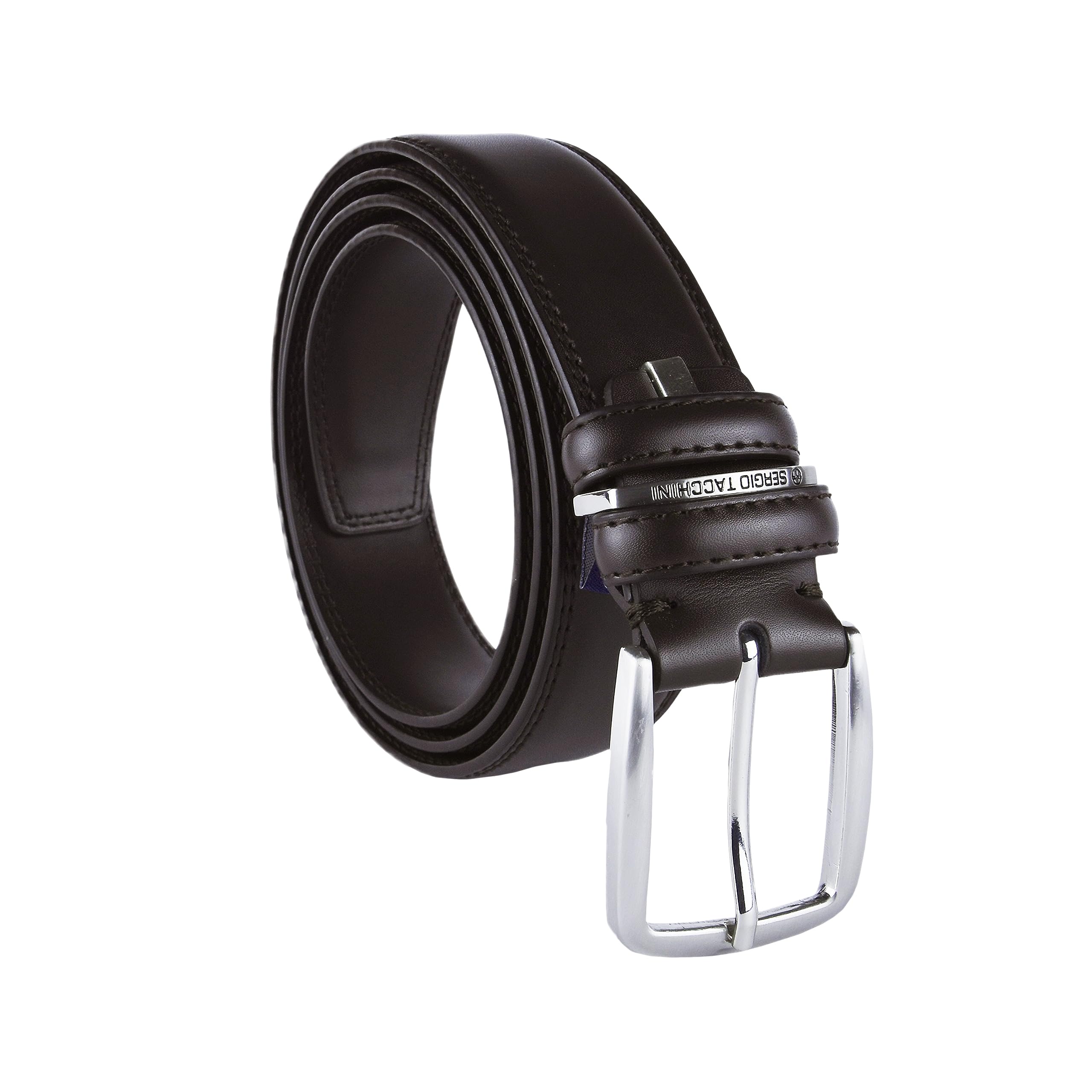 Sergio Tacchini Men's belt made of genuine leather, rectangular buckle, nickel-free, can be shortened - Dark brown two seams 348