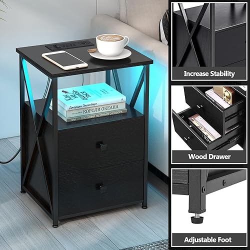 Miniatura 7 de Livofloral Juego de 2 mesitas de noche con LED, mesita de noche con estación de carga, juego de 2 mesas auxiliares negras con cajones de madera,