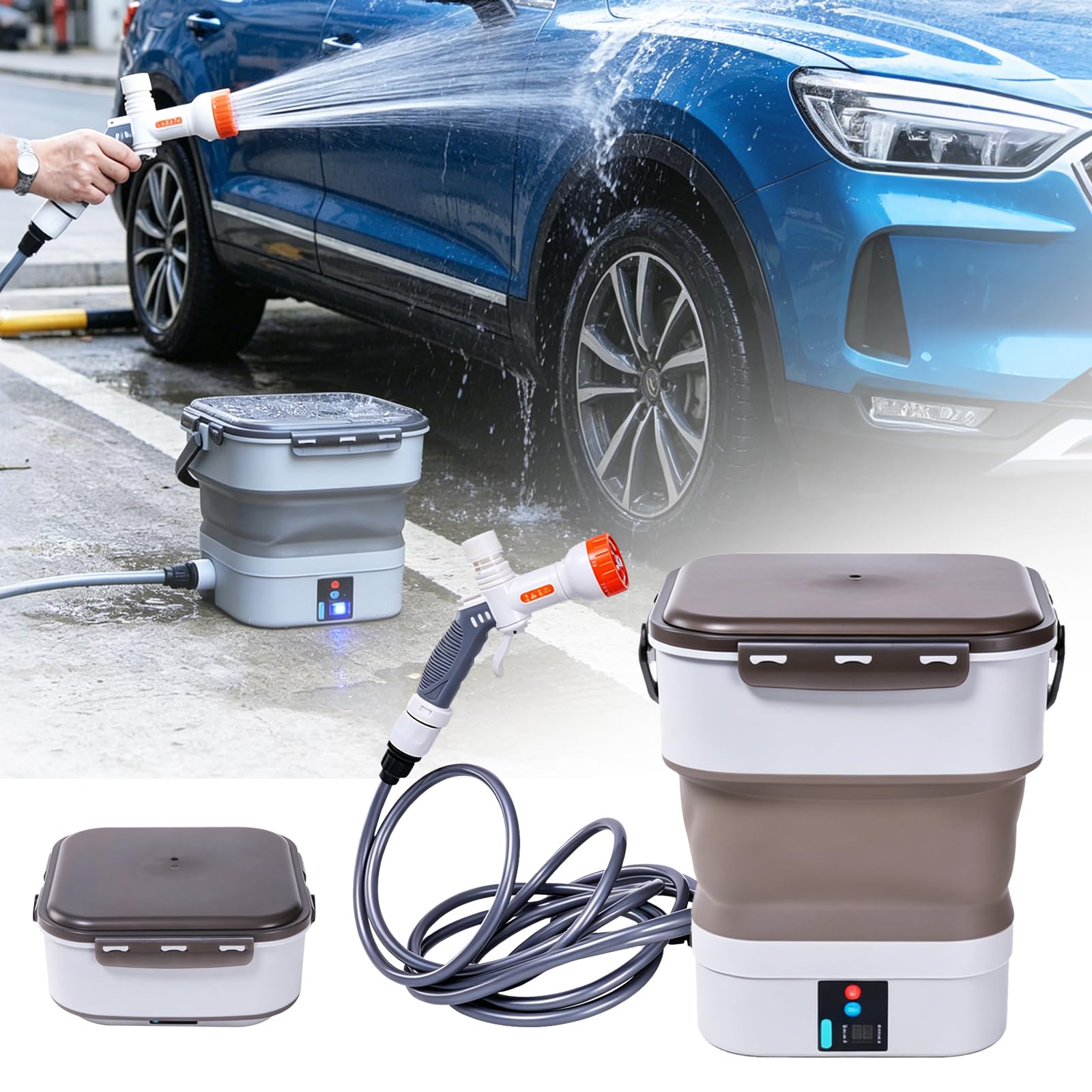 Nettoyeur Haute Pression Portable, Nettoyeur Extérieur Mobile Pliable avec Buse 5 en 1, Réservoir d'eau : 12L, Pulvérisateur à Pression électrique Multifonction pour Douche de Camping
