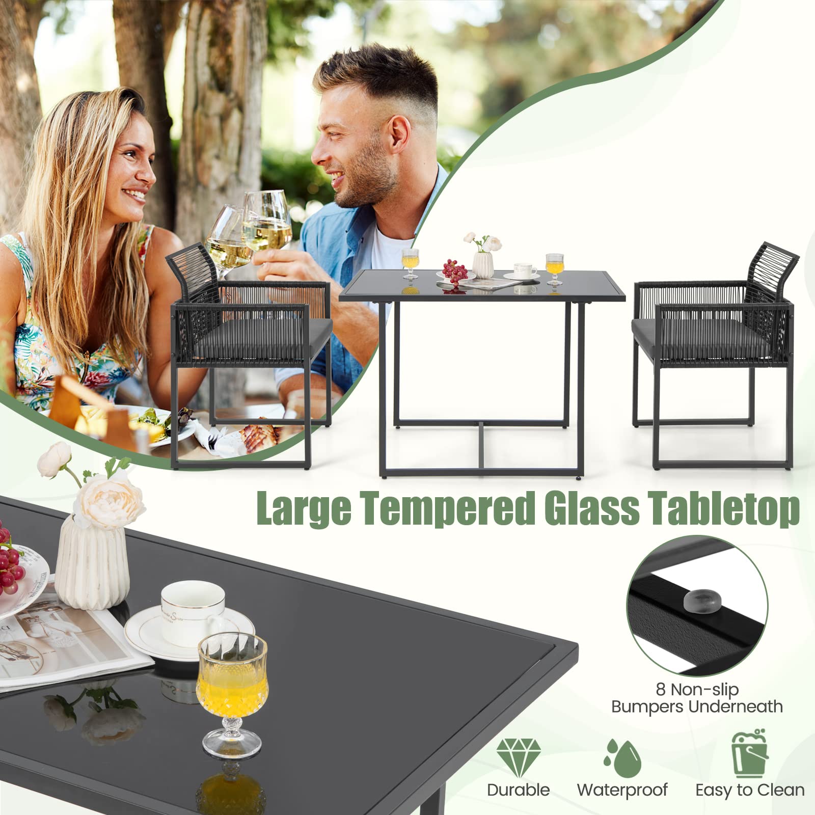 GIANTEX Set Mobili da Esterno a 3 Pezzi, 2 Sedie in Rattan Intrecciato con Schienale Pieghevole e Cuscini, Set Tavolo Rettangolare da Pranzo per Patio, Giardino e Balcone