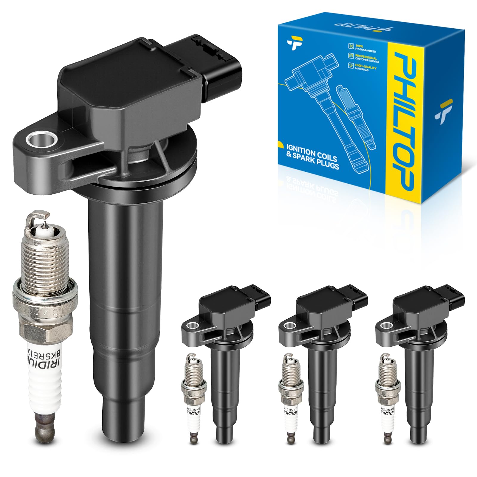 PHILTOP Ignition Coil Pack and Spark Plugs Fits for Toyota 2001-2009 Prius, Toyota 2007-2018 Yaris, Toyota 2000 Echo, 4PCS UF316