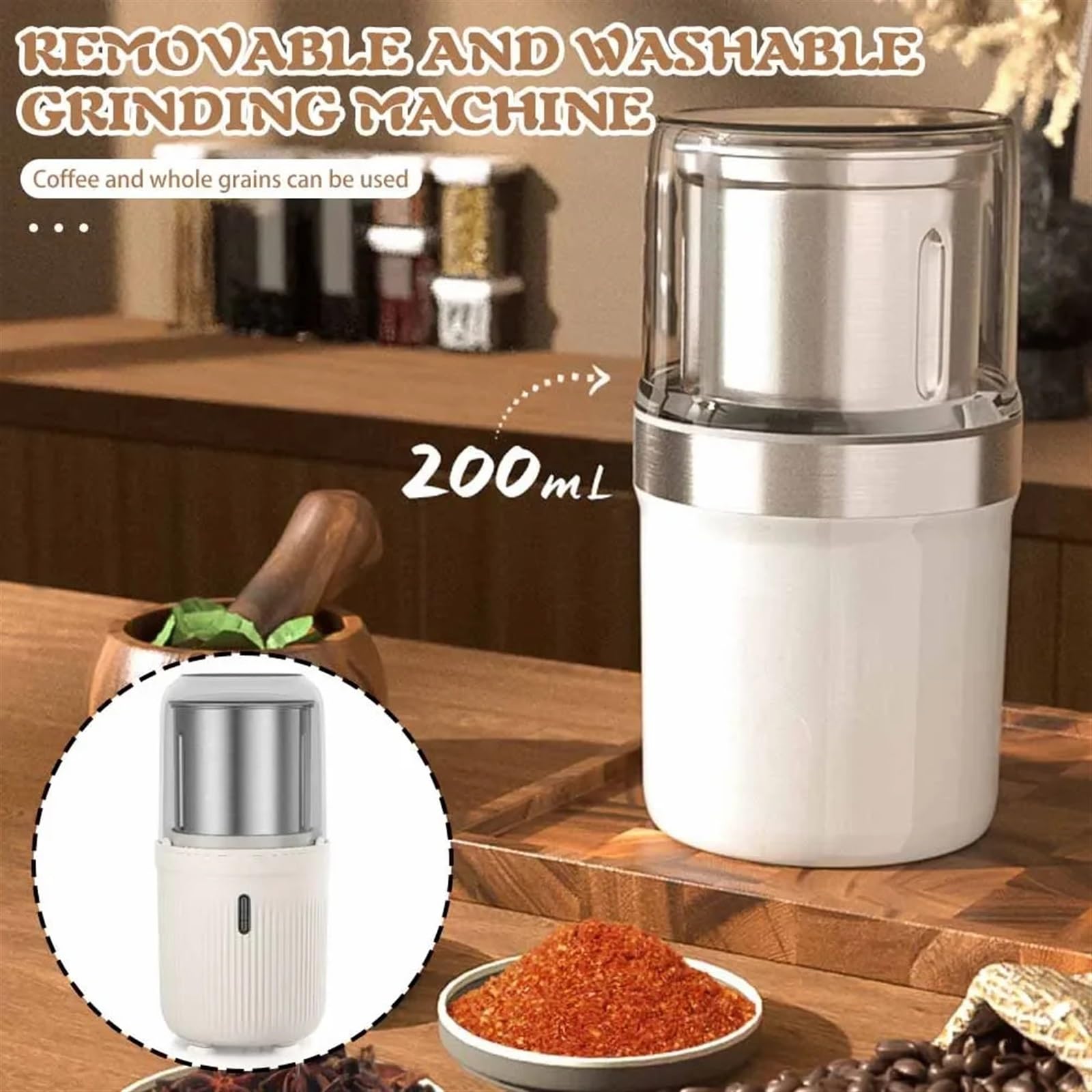 Molinillo de Cereales Portátil, Molinillo de café eléctrico, molinillo de especias, procesador de alimentos, licuadora de cocina, mezclador de granos, taza extraíble, lavable, gran capacidad 220 ml pa