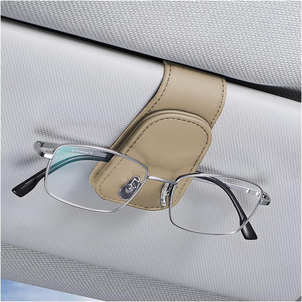 SVNXI Sunglasses Holders for Car Sun Visor, Leather Eyeglasses Hanger Mounter, Magnetic Glasses Holder and Ticket Card Clip, Auto Interior Accessories Universal for SUV Pickup Truck (Beige)