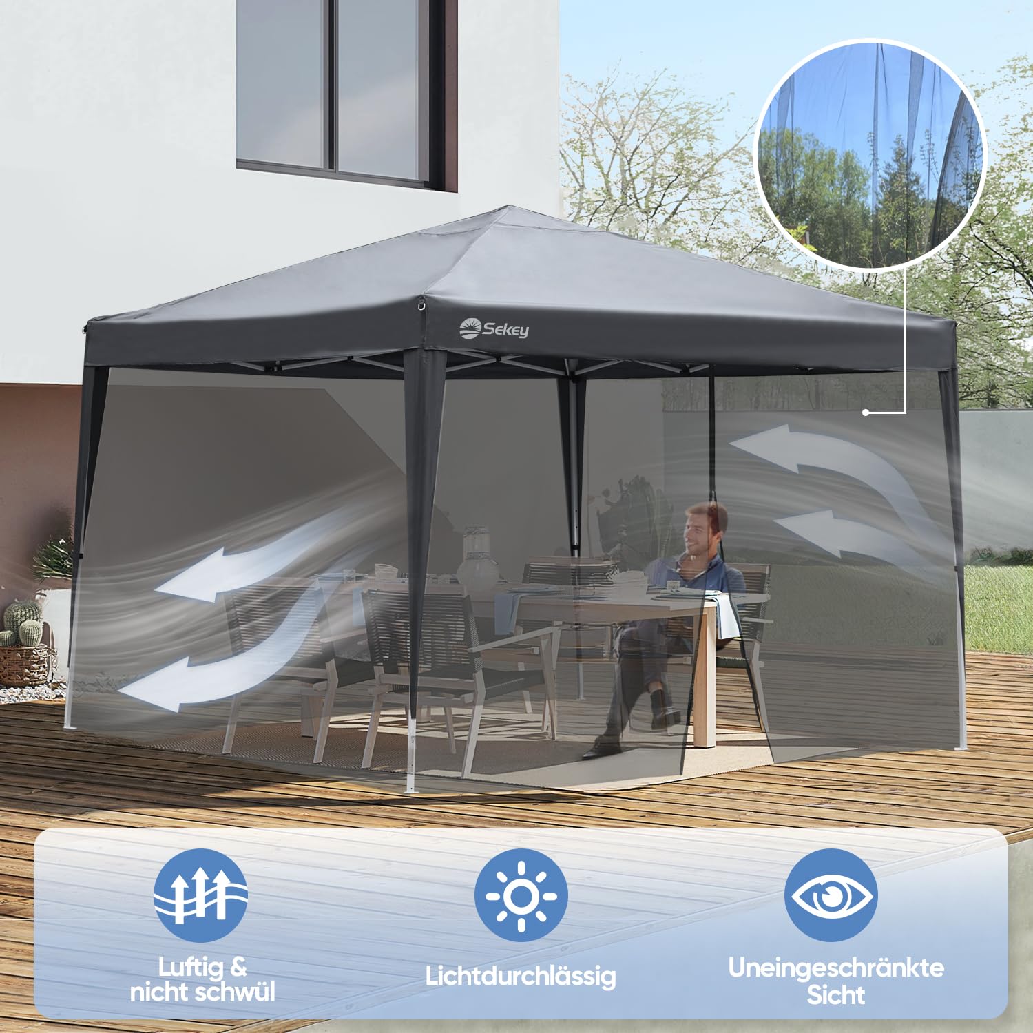 Sekey Moskitonetz für Pavillon 3x3 m (KEIN Pavillon im Lieferumfang) mit einem Reißverschluss-Eingang und Klettbänder, Insektenschutz Mückennetz, Schwarz