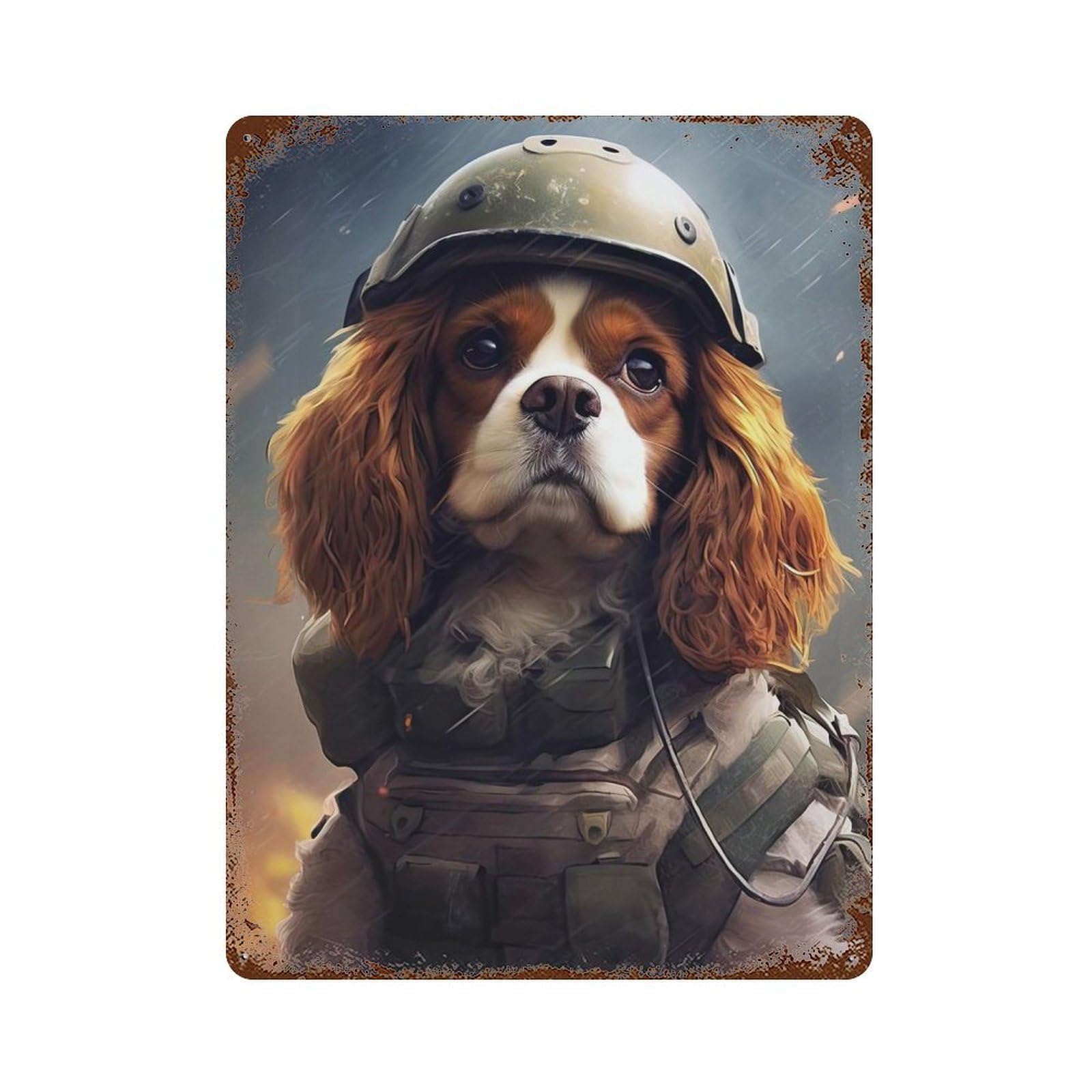Cavalier Dog Soldier Aged Metal Wall Plaque 15.7"x11.8", Old School Wall Decor for Garage, Pub Or Kitchen