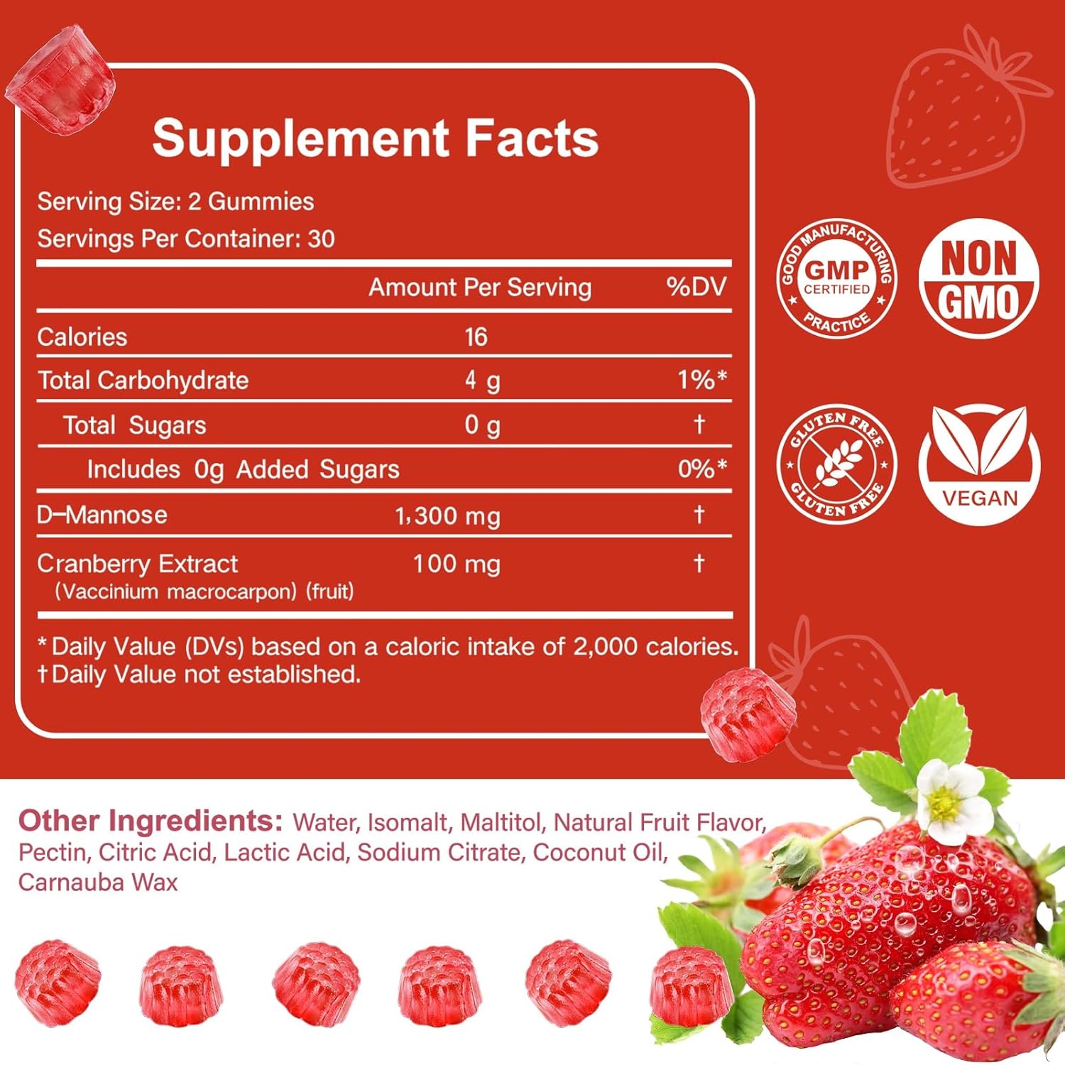 D Mannose with Cranberry Gummies, D-Mannose Supplements 1300mg for Women, Support Natural Urinary Tract & Bladder Health, Sugar-Free, 60 Count - Image 2