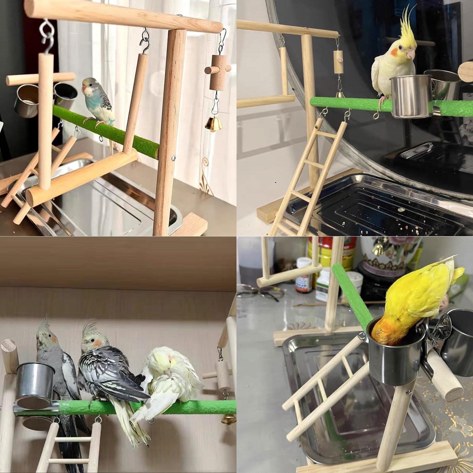 Acsist Birds Playground Parrot Playstand Birds Perch Stand Gym Natural Wood Play Stand with Ladder Swing Feeder Cups for Parakeets Cockatiels Lovebirds Conures Budgies - image 6