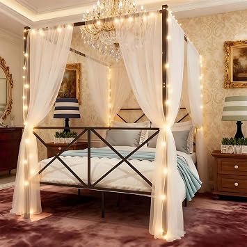 Full Size Canopy Bed Frame, Four-Poster Metal Platform Bed with DIY Headboard and Footboard, Sturdy Heavy Duty Steel Slat Support, No Box Spring Needed, Under-Bed Storage, Black Full+X Shaped