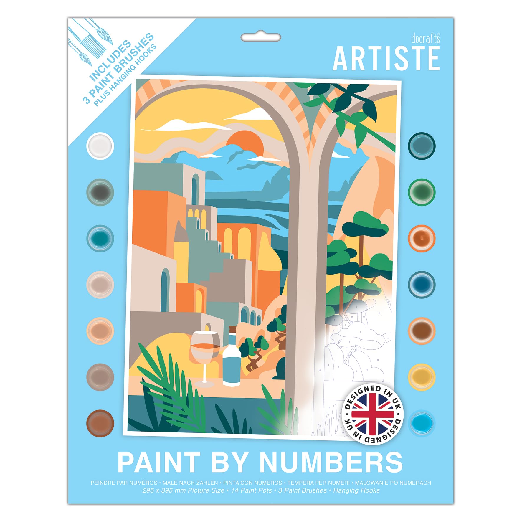 Artiste Large Paint by Numbers, Aegean Sunset, Summer Painting Craft, 395x295mm Board 14 Acrylic Colour Paint 3 Size Brush Set, Adults Craft, Hobbies Craft, Number Coded Design, Personalised Art