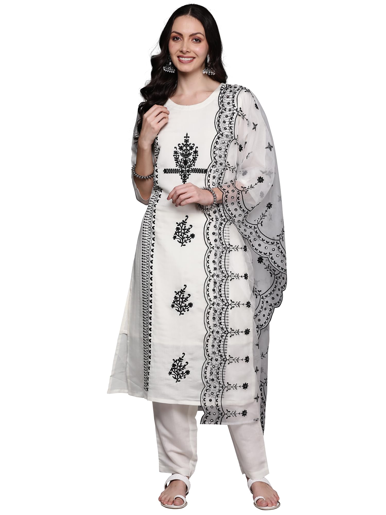 INDO ERA Poly Women Silk 's Embroidered Straight Kurta Trouser With Dupatta Set