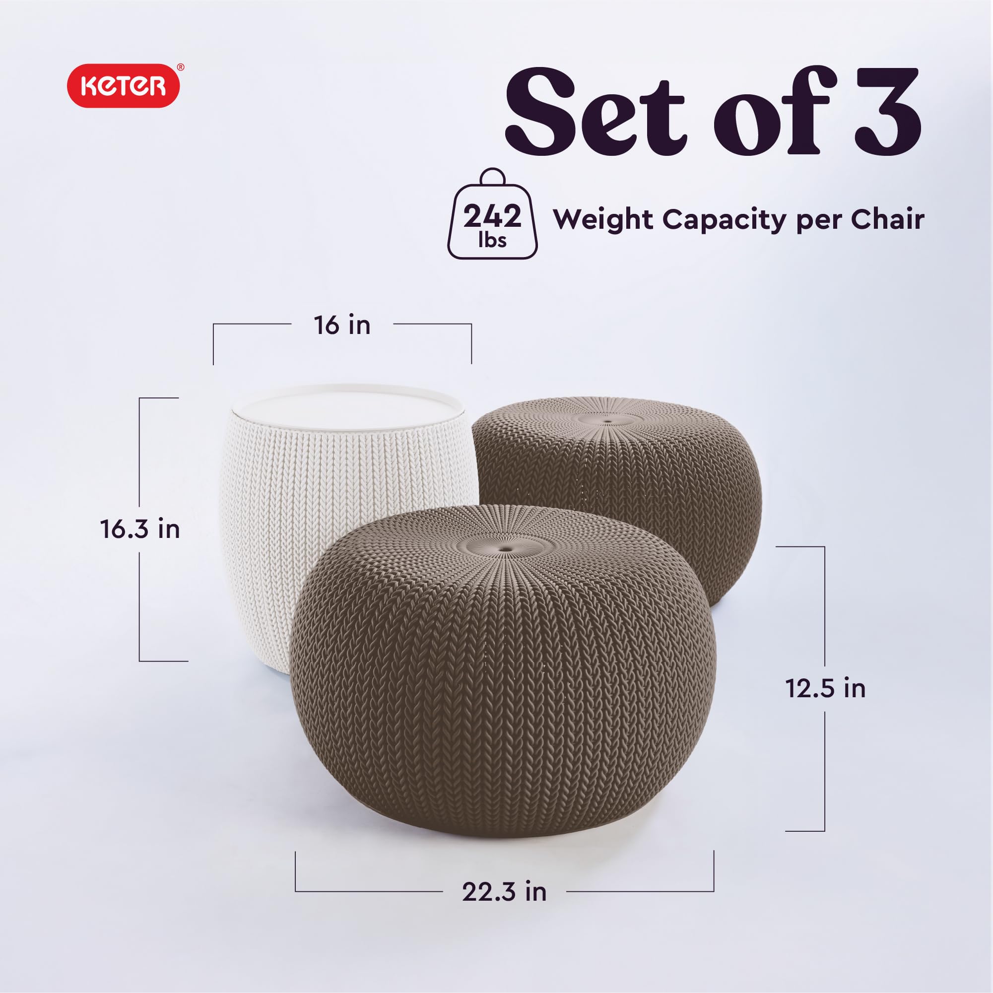 KETER Urban Knit Pouf Ottoman Set of 2 with Storage Table for Patio and Room Décor-Perfect for Balcony, Deck, and Outdoor Seating, Cream & Taupe