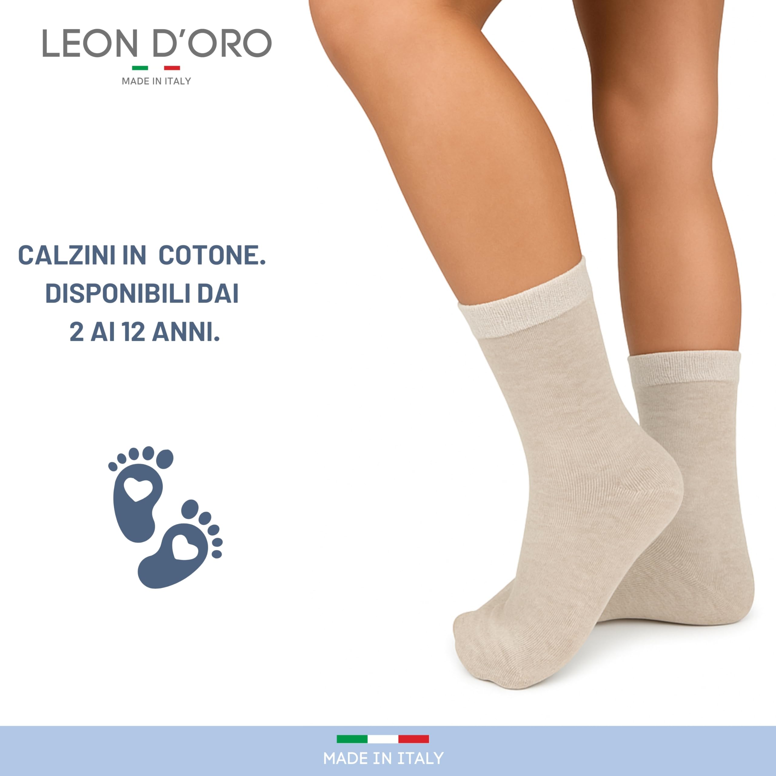 LEON D'ORO Chaussettes enfant fille coton élastique, chaussettes garçon fille pour école de loisirs 6 paires fabriquées en Italie