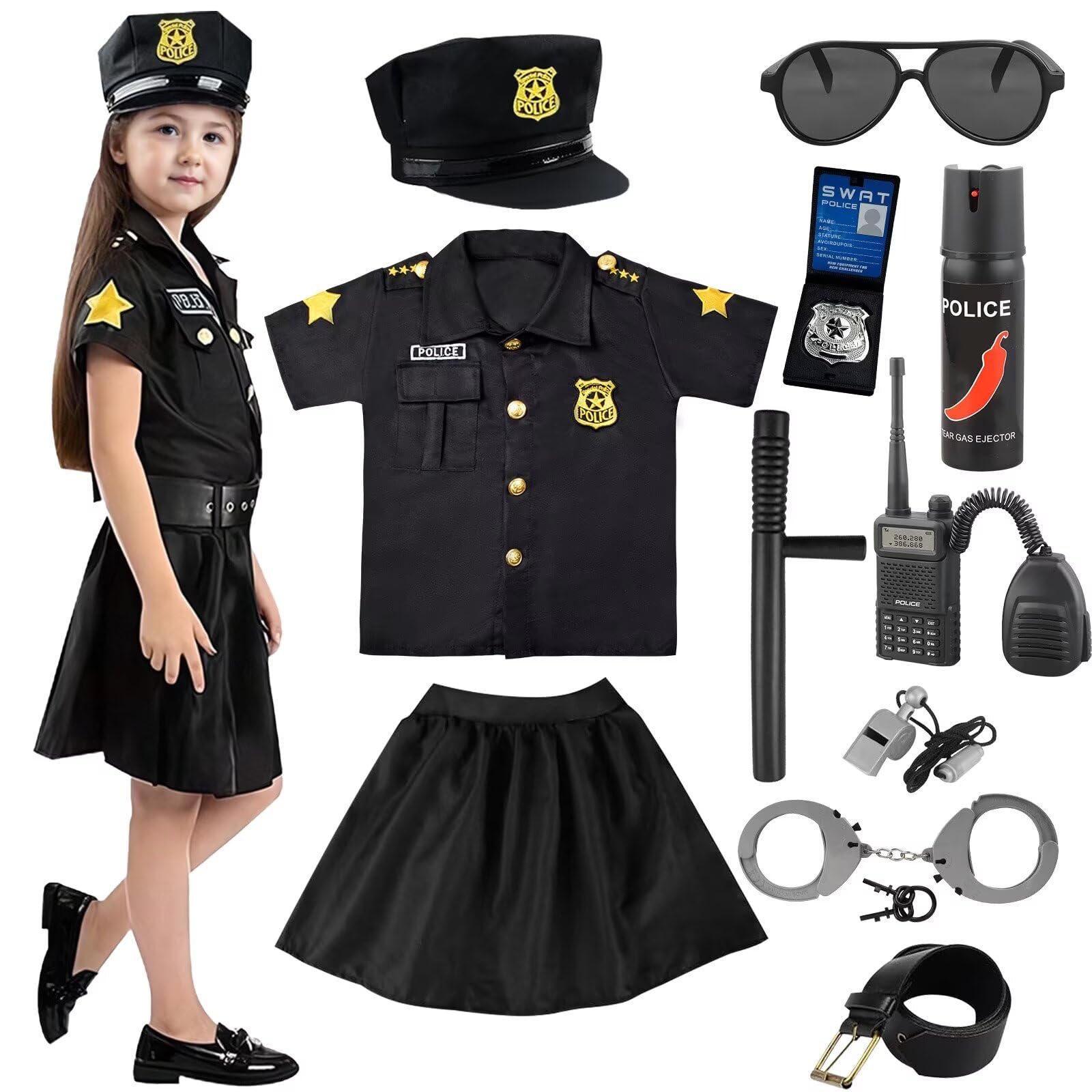Luckyou Kids Costume Police for Girls Police Uniform Outfit with Accessories Whistle Handcuffs Fancy Dress Up for Carnaval Halloween Cosplay Black-M