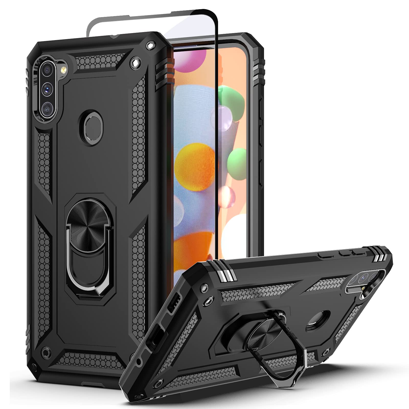 Dretal Galaxy A11 Case with Tempered Glass Screen Protector, Military Grade Shockproof Protective Case Cover with Rotating Holder Kickstand for Samsung Galaxy A11 (U.S. Edition) (Black)