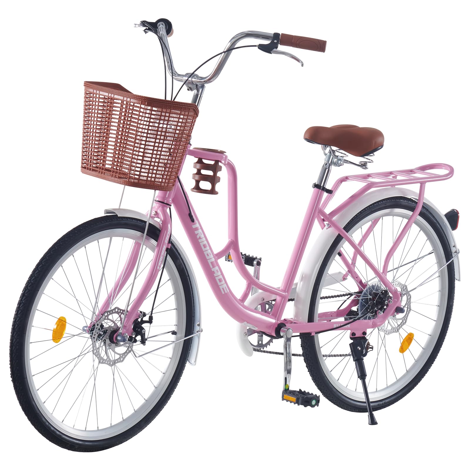 TRIOBLADE 24''26'' Vintage Ladies Bike with Basket 7 Speed Hybrid City Bike for Women Dual Disc Brakes Basket Rear Rack Lightweight Commuter bike Retro Bicycle White Urban Bike (Pink 26 inch)