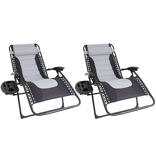 BTEXPERT Oversized Padded Zero Gravity Chair Folding Recliner Chaise Lounge Utility XL Anti-Gravity Lounger, Side Tray Cup Holder, Headrest Pillow (Set of 2 Gray Black) (5185-2)
