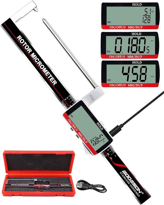 Brake Rotor Gauge, Rechargeable Digital Caliper 3.25-Inch ±0.03mm Accuracy, Stainless Steel Body, Large LCD Display with Hold, mm/inch/F Units, IP54, Measures Discs Without Removing Wheels