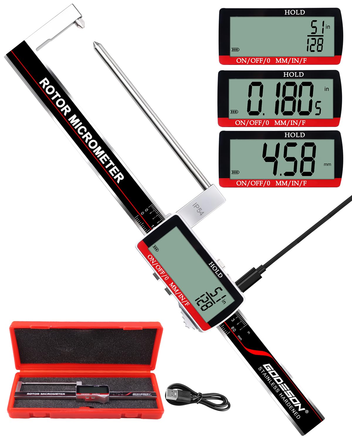 Brake Rotor Gauge, Rechargeable Digital Caliper 3.25-Inch ±0.03mm Accuracy, Stainless Steel Body, Large LCD Display with Hold, mm/inch/F Units, IP54, Measures Discs Without Removing Wheels