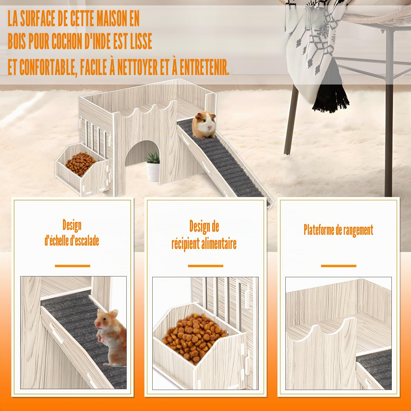 Maison pour Cochon d'Inde avec Bassin d'Alimentation, Cachette en Bois avec Escaliers, Jouet et Habitat Accessoire pour Lapin, Chinchilla