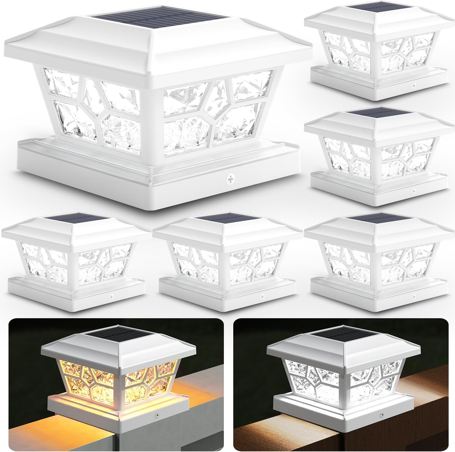 SIEDiNLAR Solar Post Lights Outdoor 6 Pack 4 Modes 40 LEDs Deck Fence Post Cap Light for 4x4 5x5 6x6 Vinyl/Wooden Posts Patio Decor, Warm/White Dynamic Lighting (White)