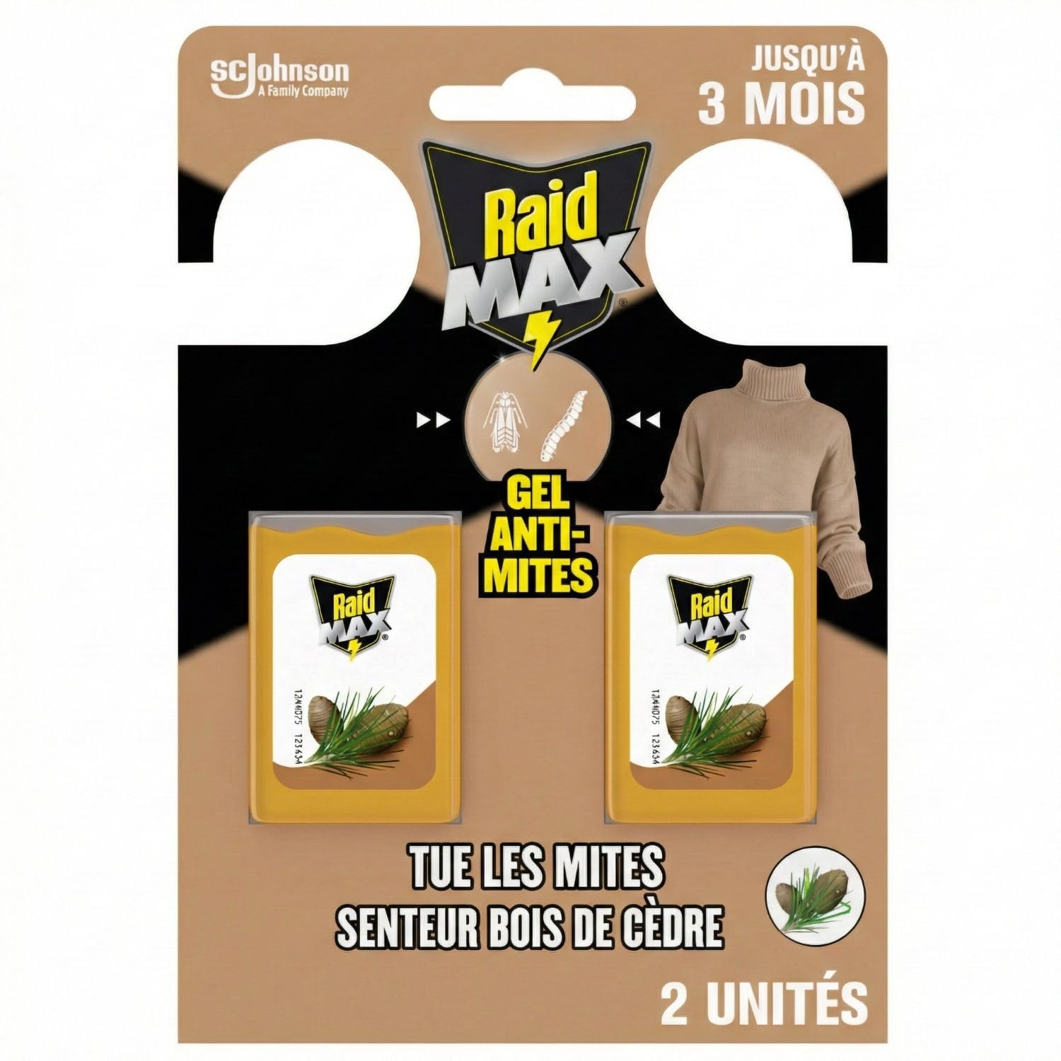 Raid Max Gels Anti-Mites Parfum Bois De Cèdre Protège Vêtements 3 Mois Woolmark 2 Gels