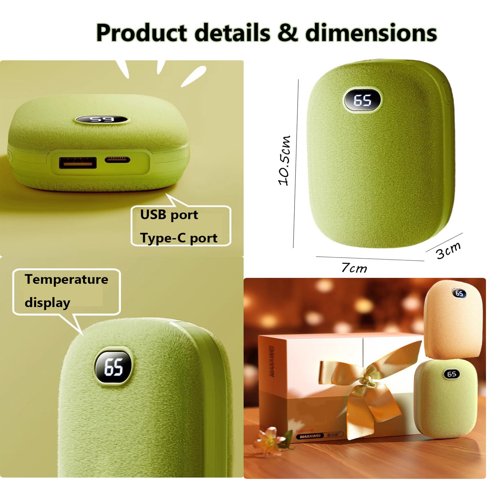 Scaldamani Elettrici, Power Bank Ricaricabile, 3 Livelli Scaldino USB Riutilizzabile Ideale per Lo Sci Invernale, Viaggi E attività All'apertoKhaki,One Size