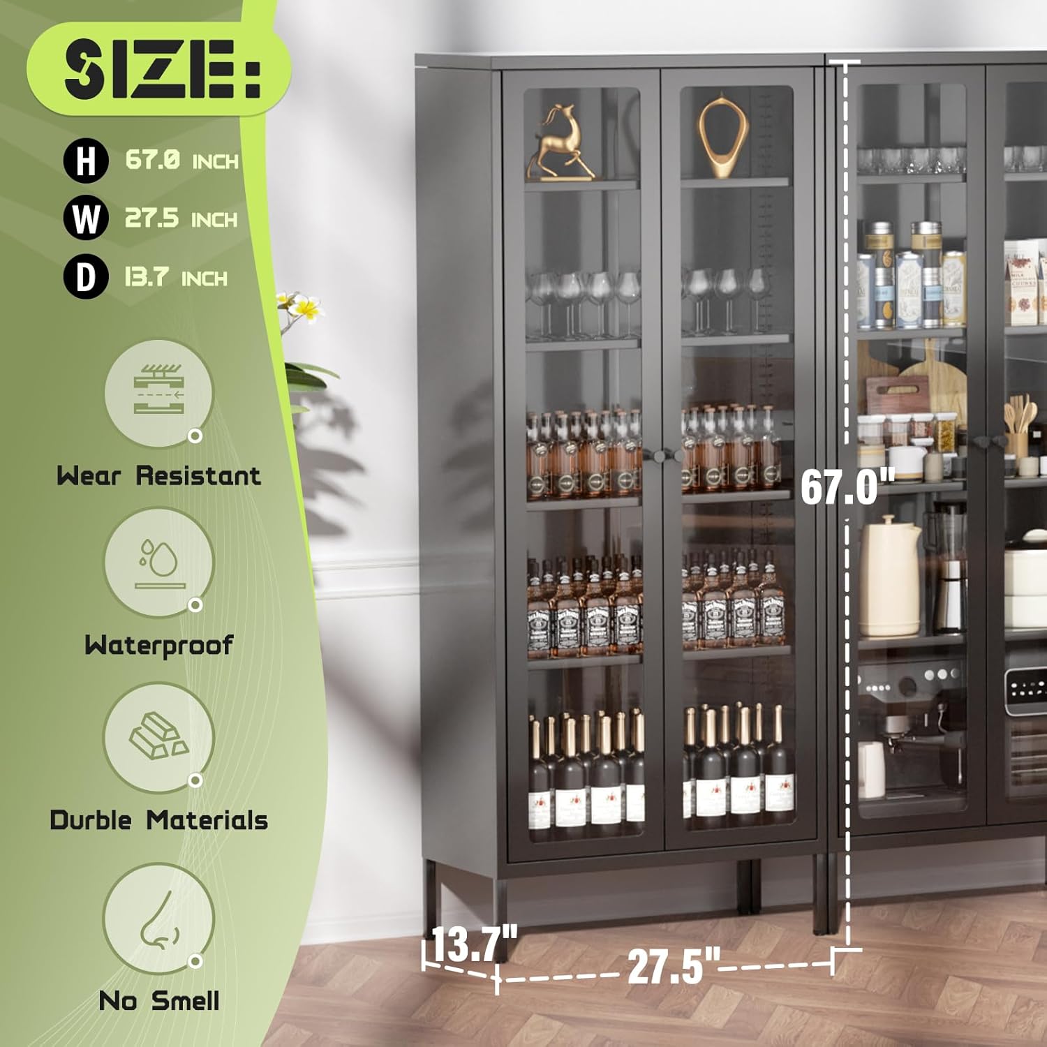 Oakcloud 67" Metal Glass Display Cabinet, Storage Cabinet for Collectibles, Curio, China, Books, Glass Doors Display Case with 4 Adjustable Shelves for Home Office, Living Room, Pantry (Black)