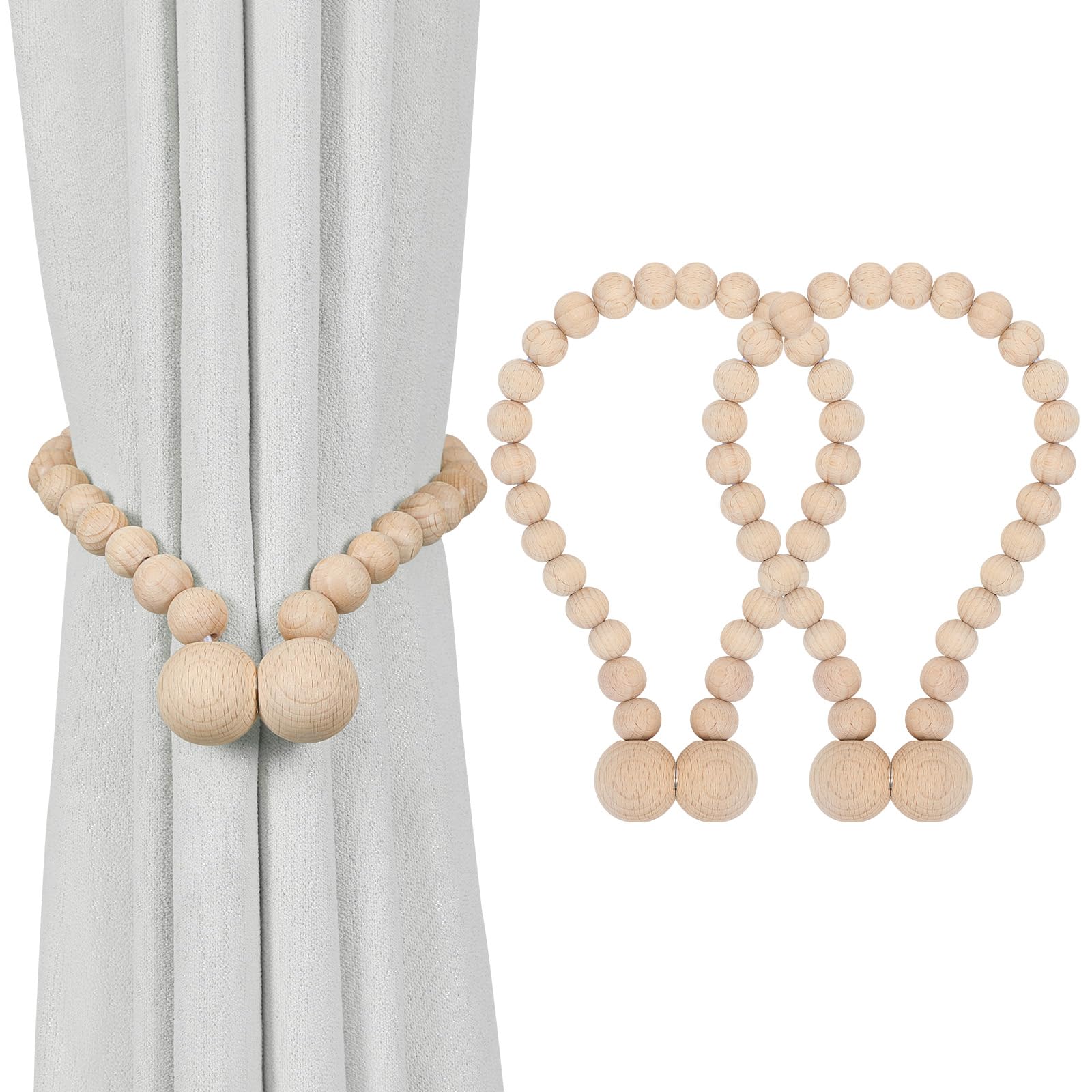 KLOGTSIND Magnetic Curtain Tiebacks, Curtain Tie Backs for Curtains 2 Pack, Wood Bead Curtain Tiebacks, Curtain Holders for Boho Bedroom Decor, Baby Nursery Decor, Farmhouse Décor