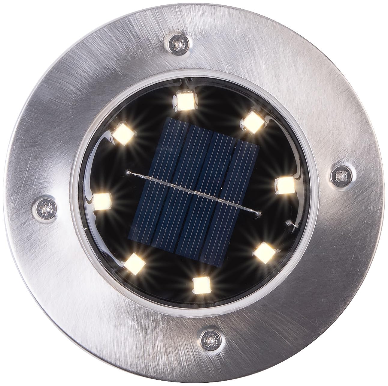 Lunartec Erdspieß-Bodenleuchten: 12er-Set Akku-Solar-Bodenleuchten, Edelstahlgehäuse, 8 LEDs, wamweiß (Solarleuchten Garten Boden, LED-Solar-Bodenstrahler, Beleuchtung)