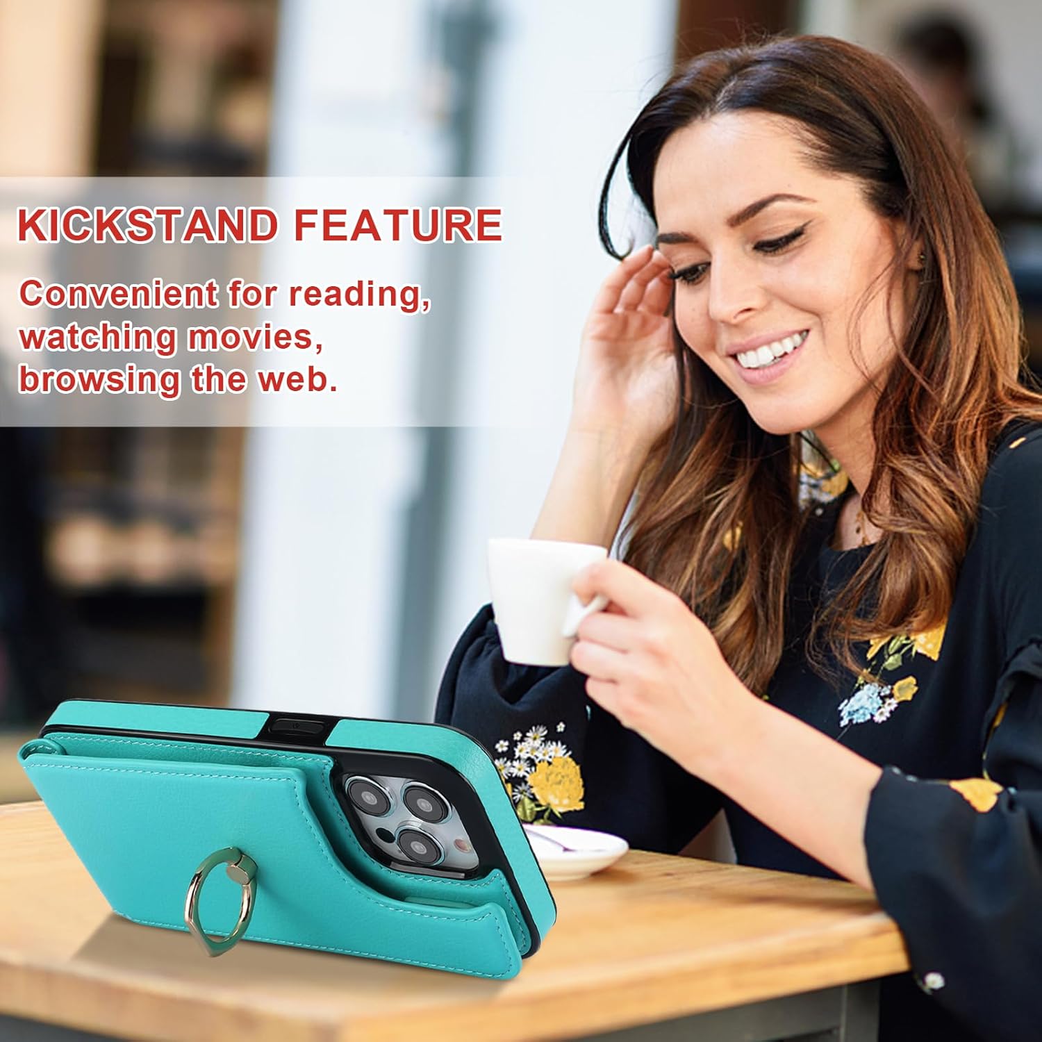 Folosu Compatible with iPhone 15 Pro Max Case Wallet with Card Holder, 360°Rotation Finger Ring Holder Kickstand, RFID Blocking Leather Protective Double Buttons Shockproof Cover 6.7 Inch Green - Image 6