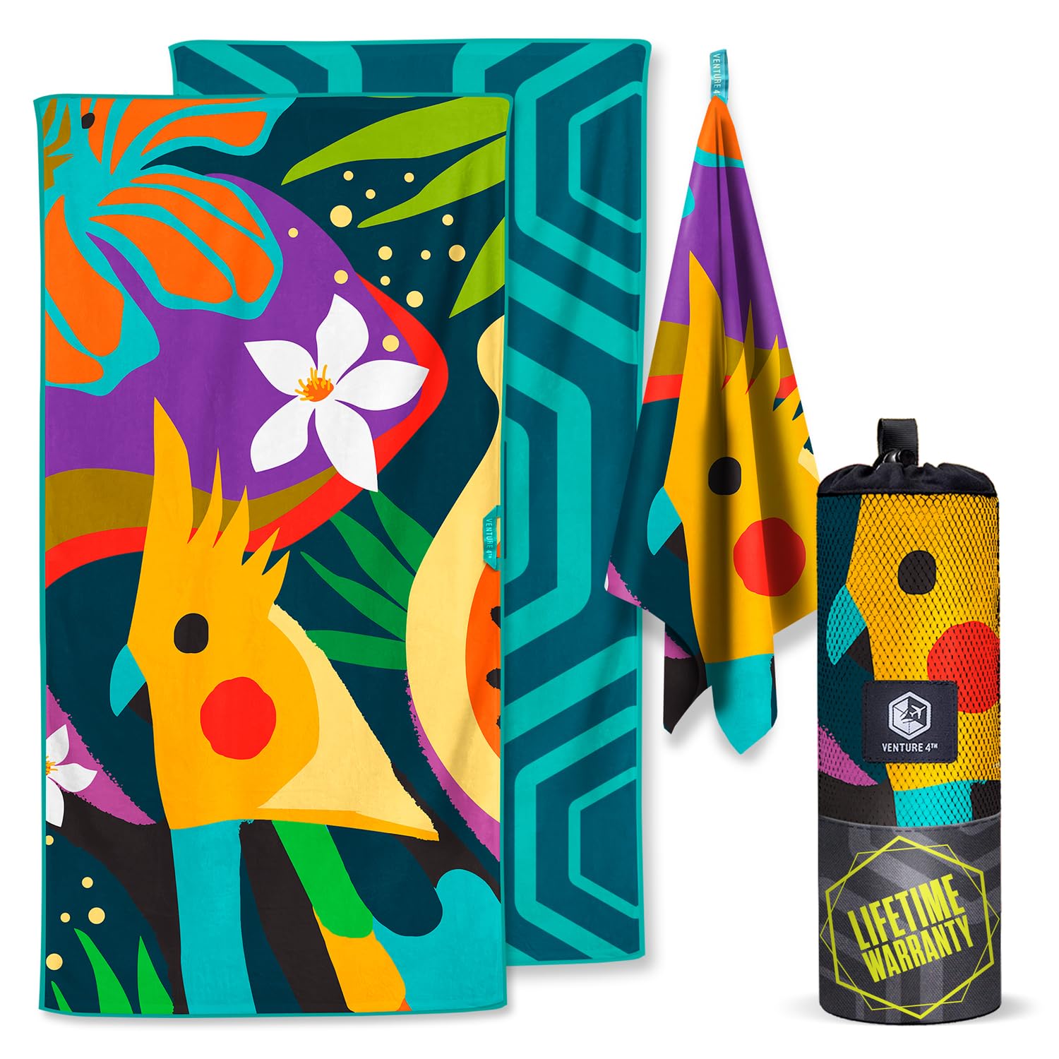 VENTURE 4TH Microfiber Beach Towel: Quick-Dry, Compact, Sand-Free, Absorbent, Sandproof and Lightweight - Perfect for Camping, Beach, and Roadtrips (Rainforest Cockatoo Design | 35x78 inches) — image 1