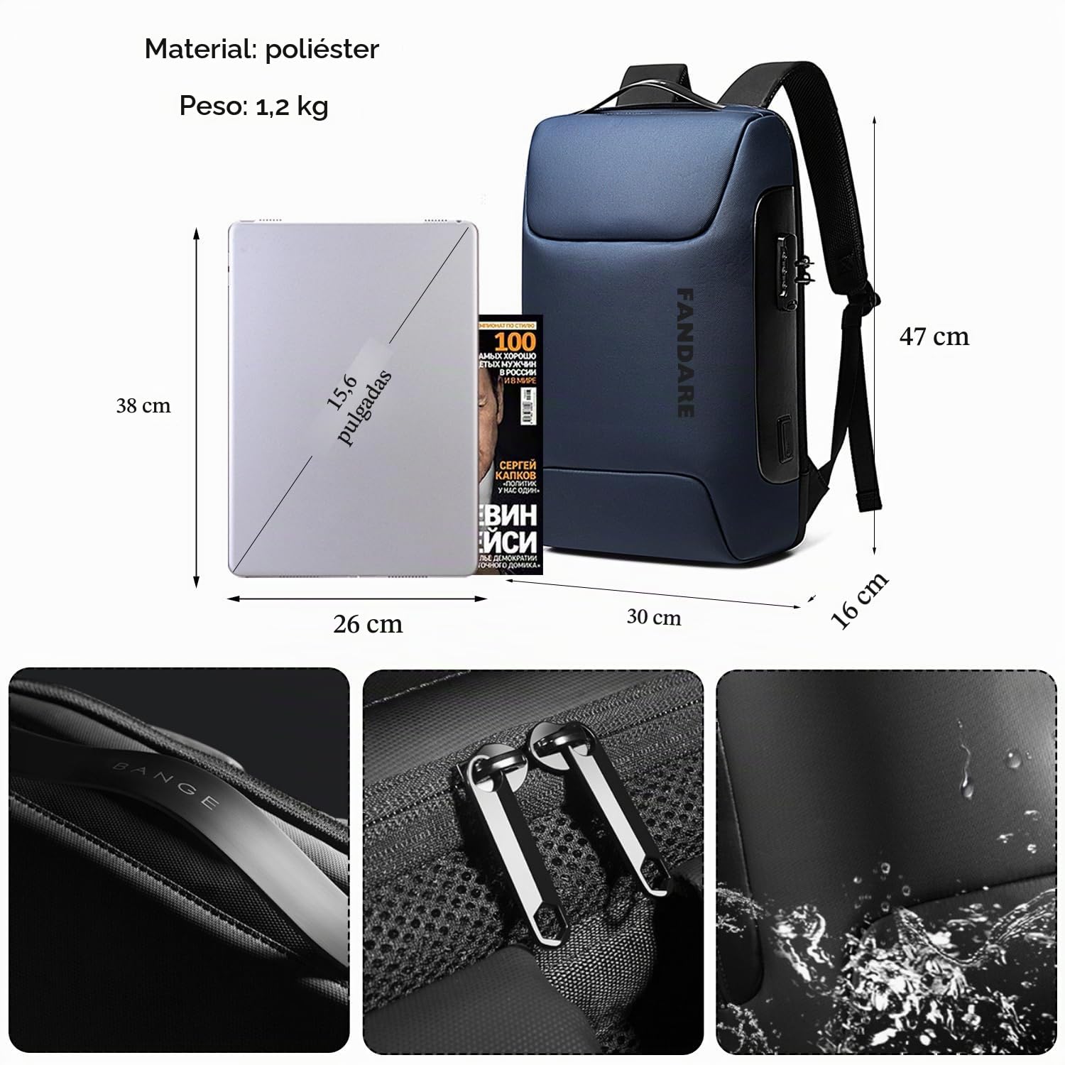 FANDARE Antirrobo Mochila Mochila Portatil 15.6 Pulgadas Mochila Hombre Mujer Mochila con Puerto de Carga USB Bolsos Bandolera para el Laptop para Ordenador del Negocio Trabajo Diario Viaje Azul A