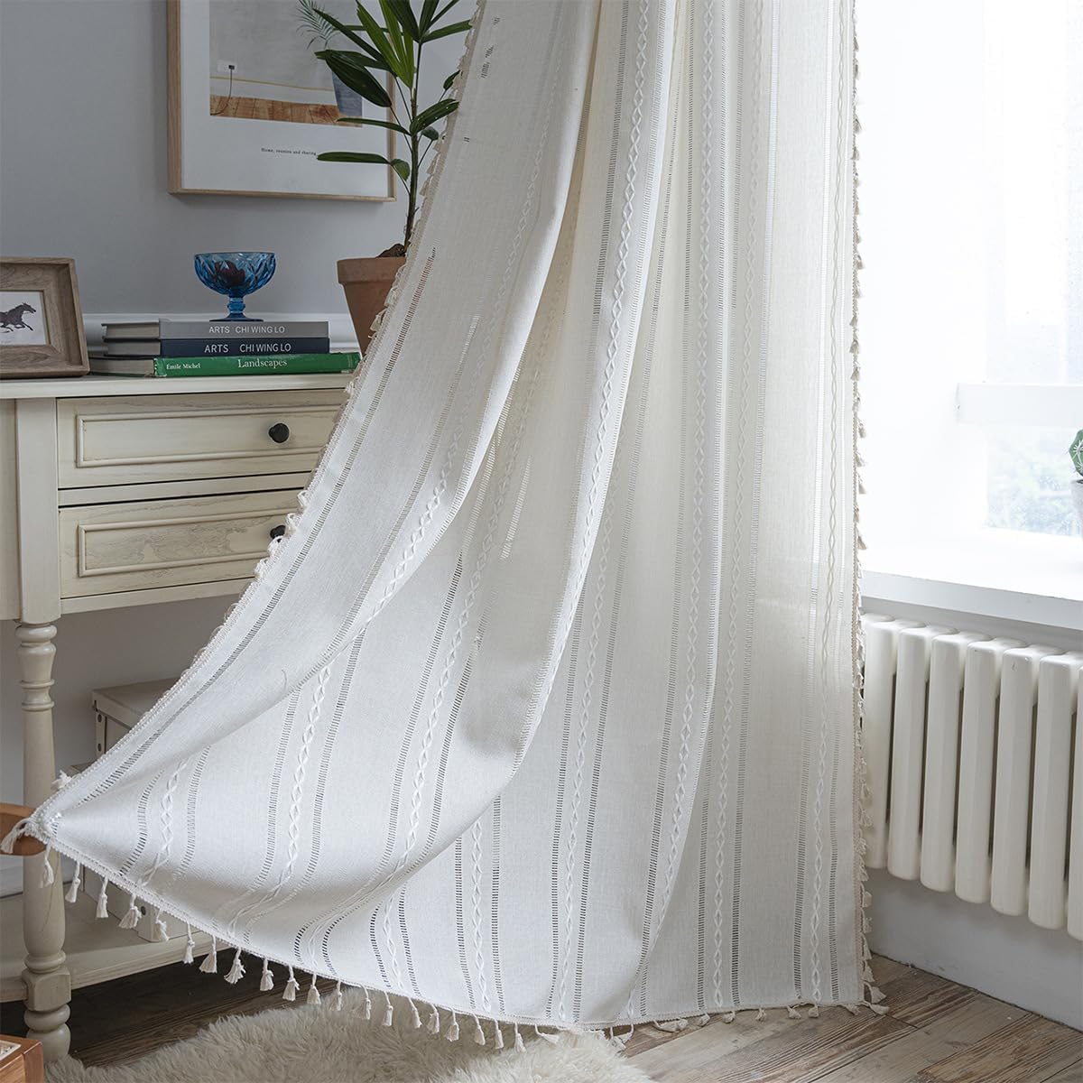 Boho Cotton Linen Curtain for Living Room 36 Inches Length 1 Panel Farmhouse Striped Embroidered Curtain Semi-Blackout Rod Pocket Drape with Tassels for Bedroom (52" W x 36" L,White)