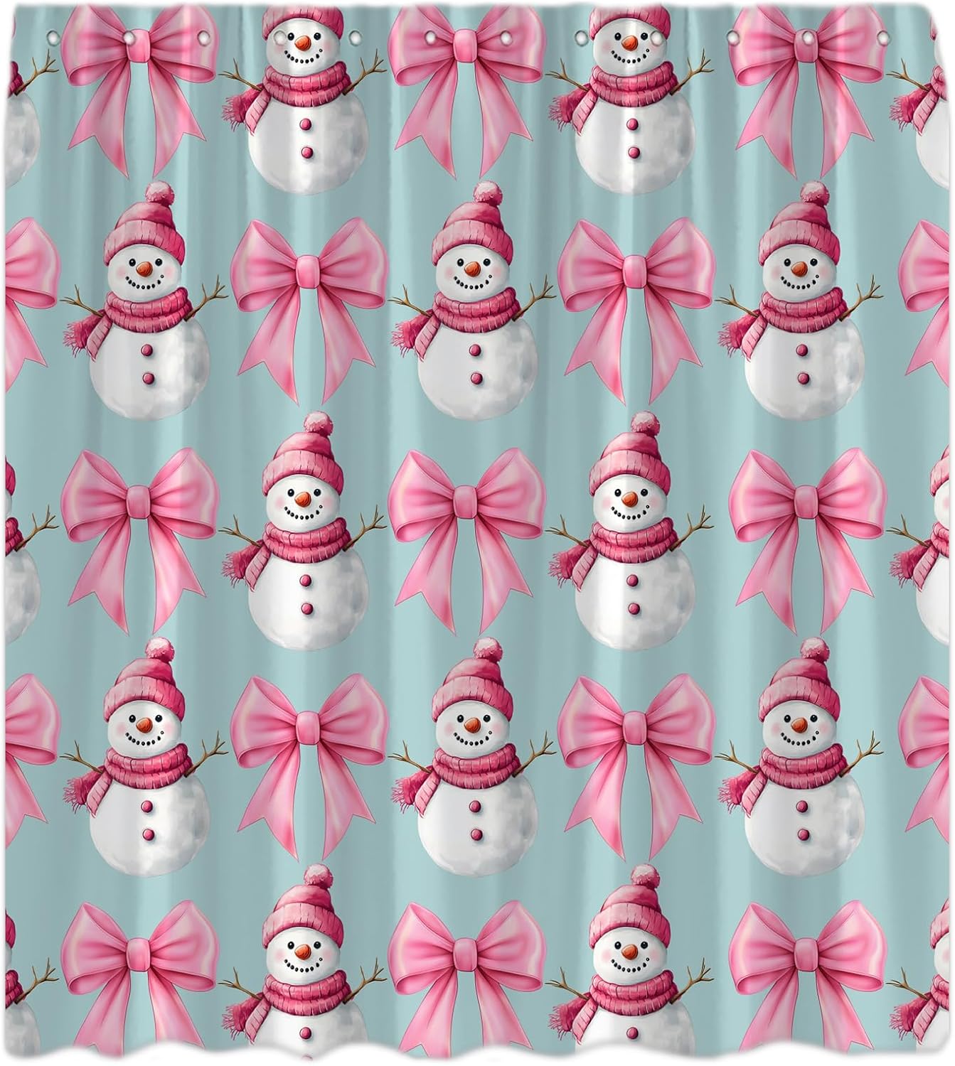 Merry Christmas Shower Curtain Cute Funny Snowman Pink Bow Snowflake Cartoon Winter Happy New Year Holiday Decor Bathroom Curtain Set with Hook