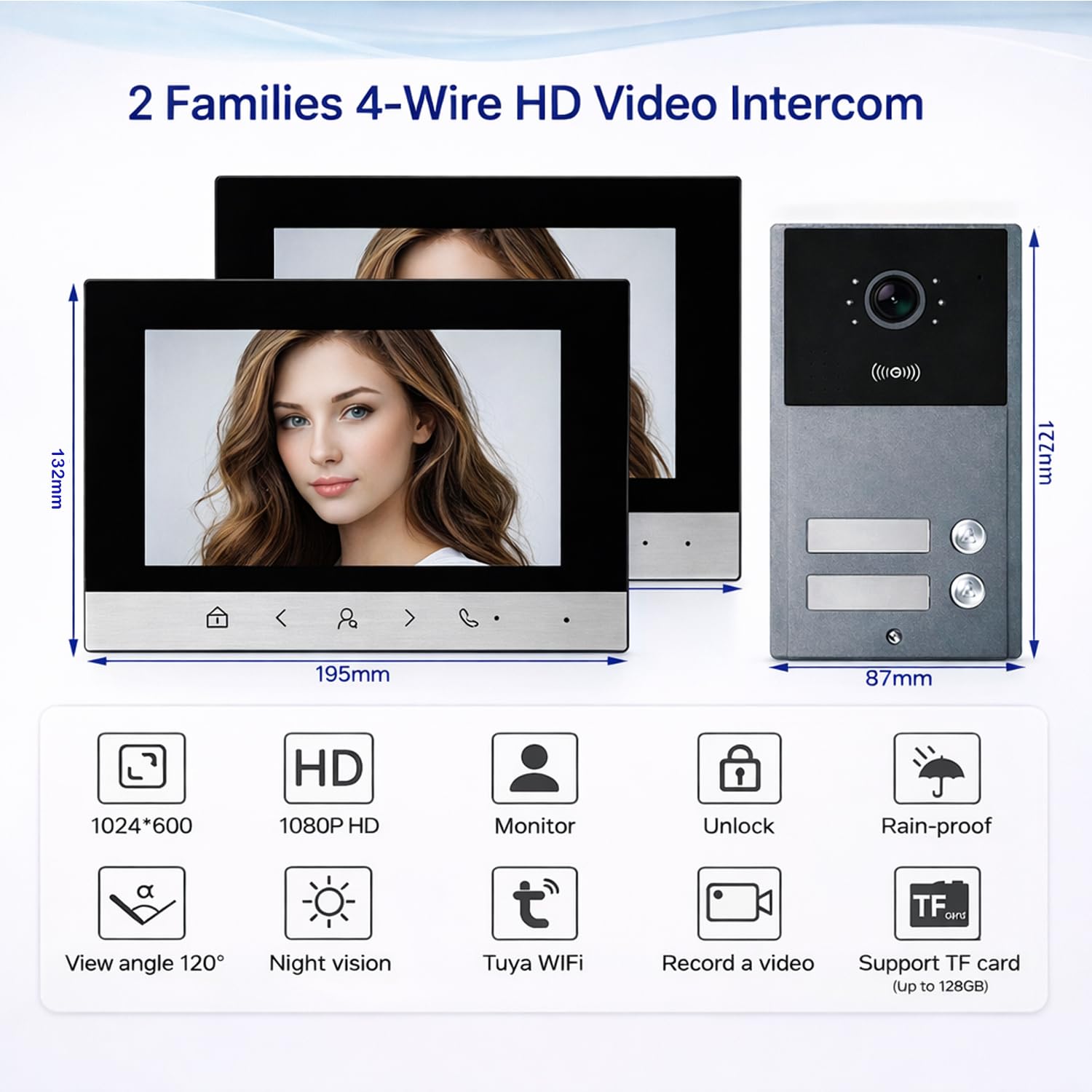 Videocitofono WiFi TUYA con controllo accessi, citofono video con unità esterna IP65, 1 unità esterna + 2 monitor interni, apertura porta tramite app e RFID (IC) / NFC, per casa e ufficio(3)