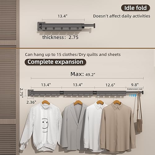 Miniatura 3 de CRMCR Estante de secado de ropa plegable de 360 montado en la pared, retráctil resistente al viento, estante de lavandería para colgar, ahorro de